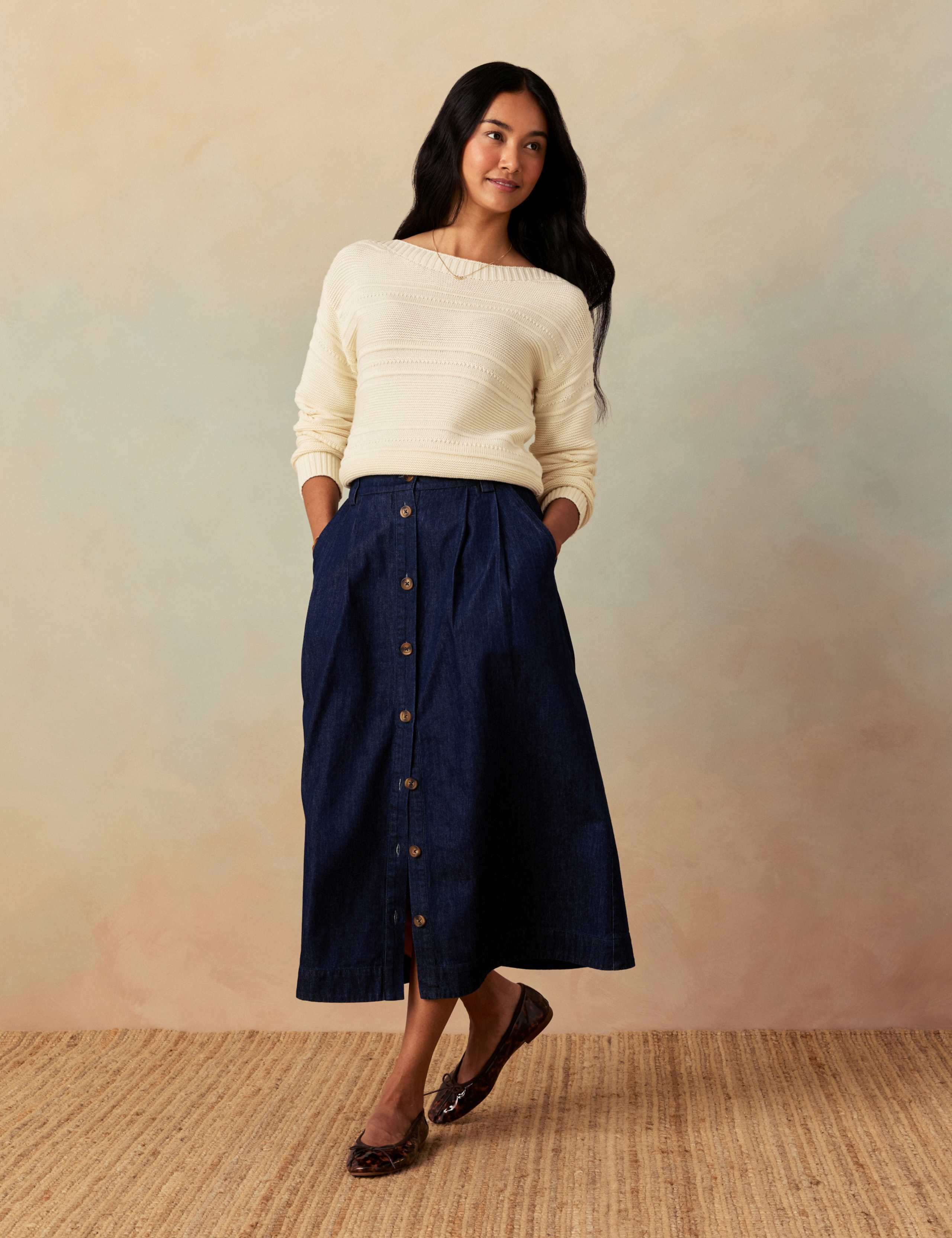 Denim Pleat Front Button Front Midi Skirt 3 of 8