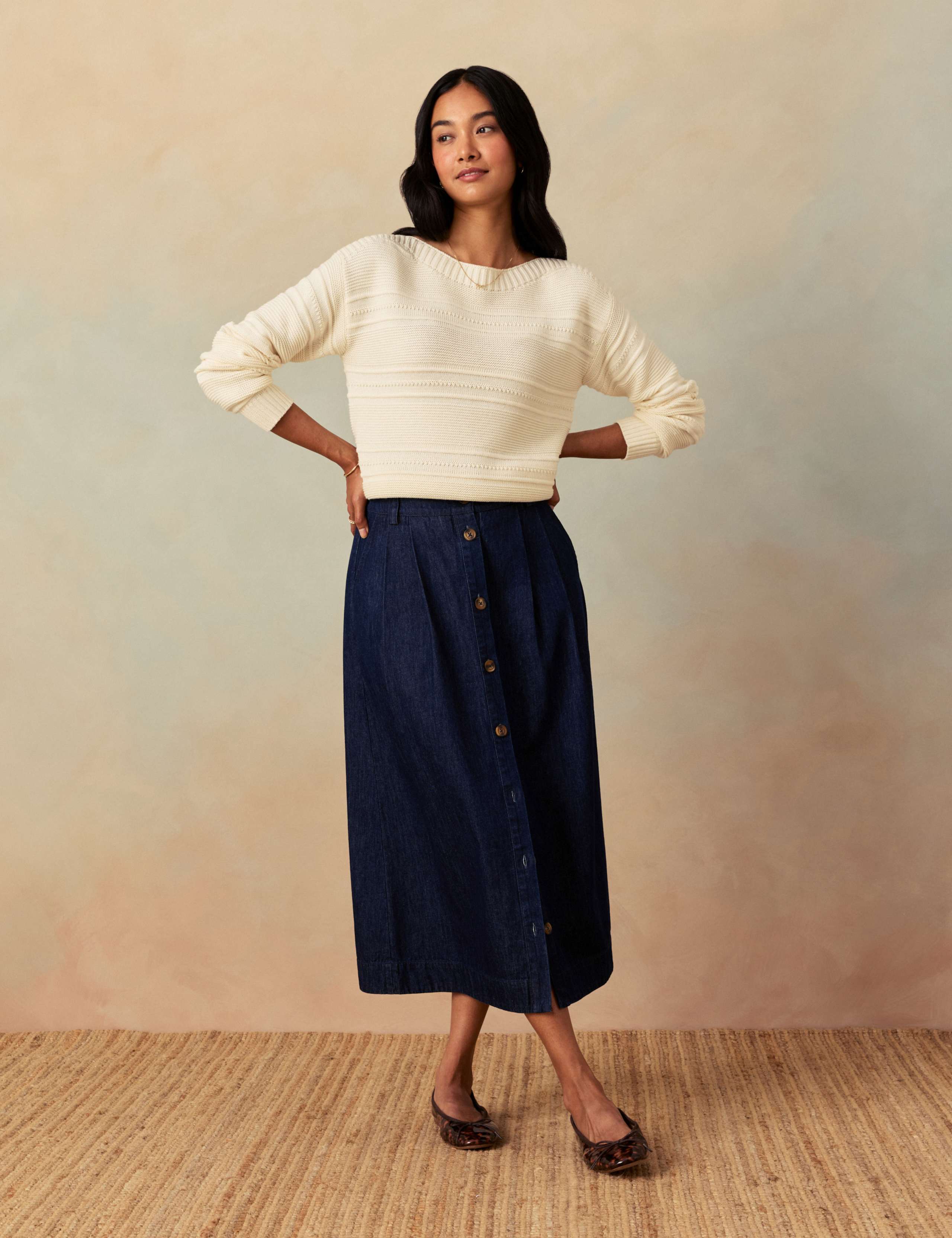 Denim Pleat Front Button Front Midi Skirt 4 of 8