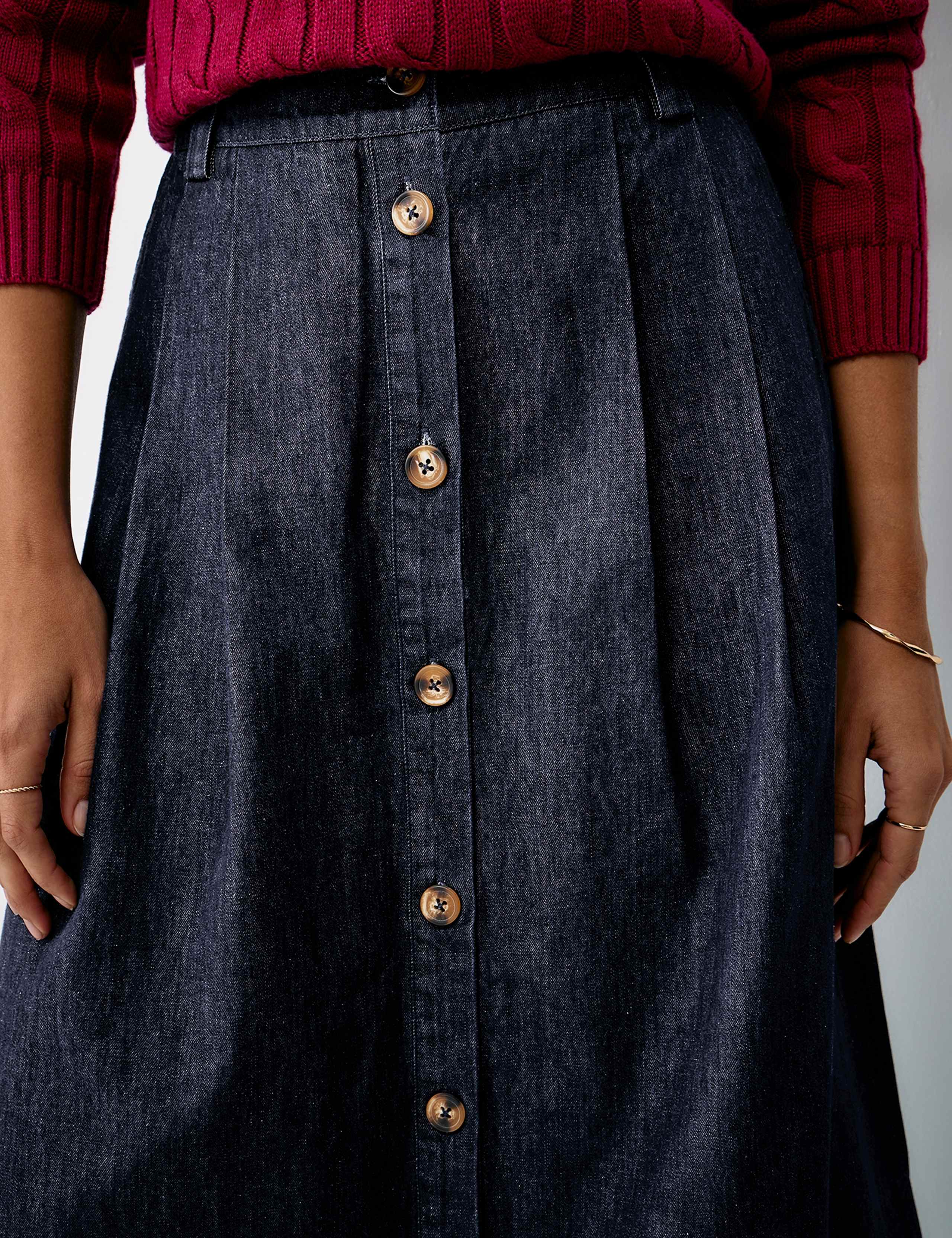 Denim Pleat Front Button Front Midi Skirt 6 of 8
