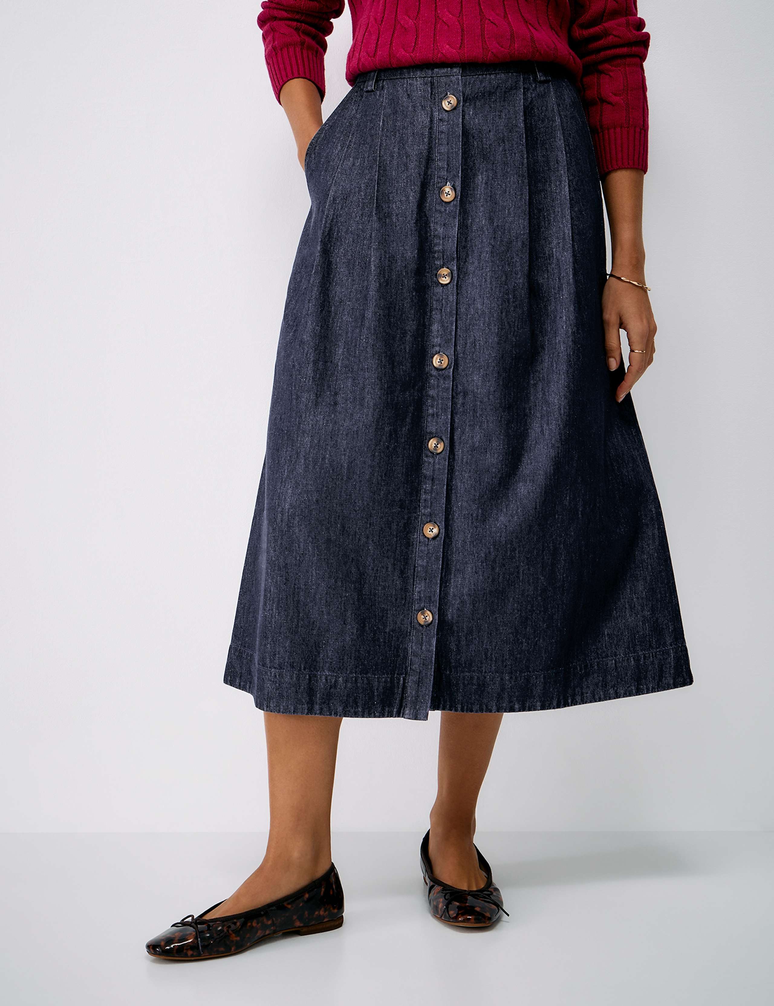 Denim Pleat Front Button Front Midi Skirt 8 of 8