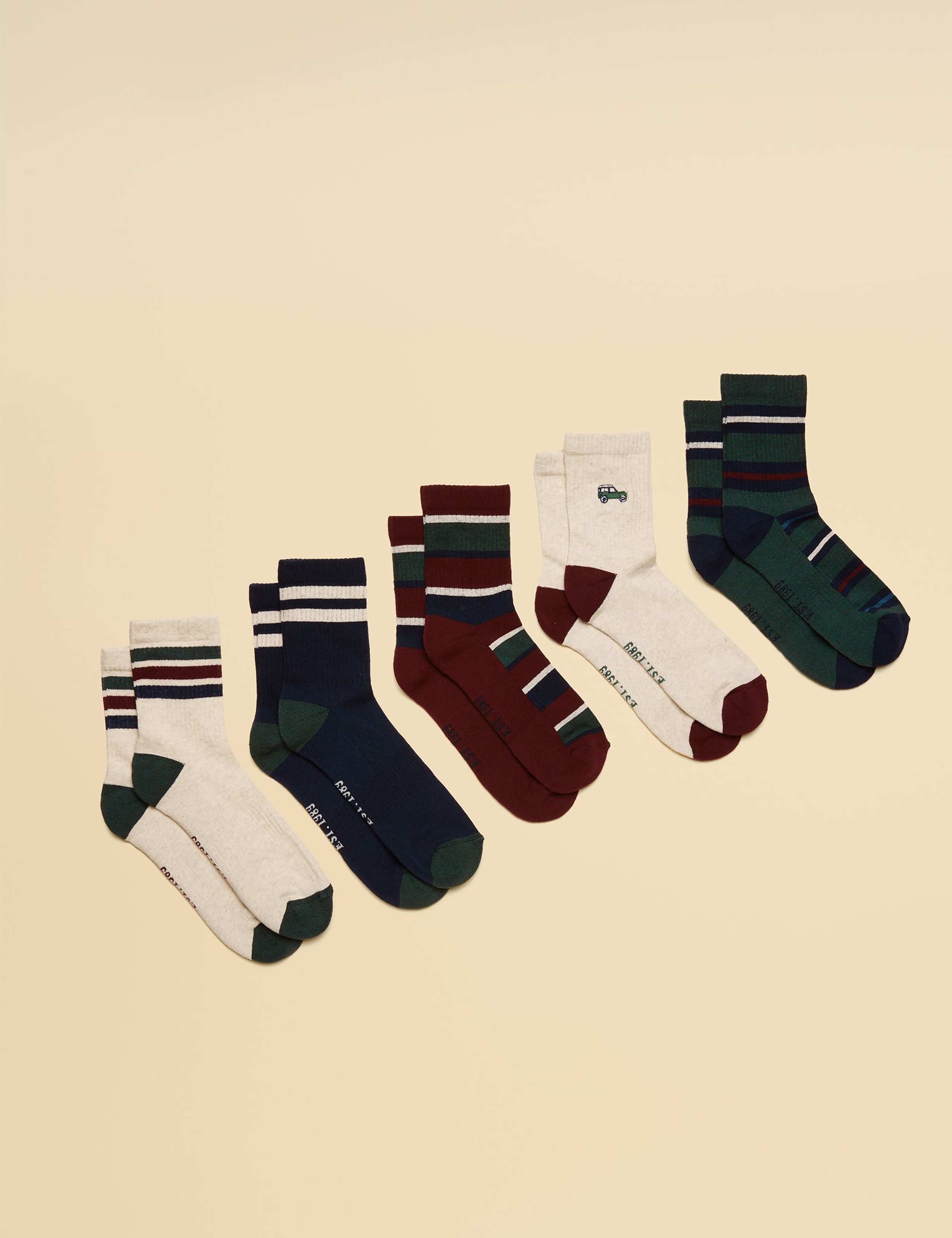 5pk Striped & Car Cotton Rich Socks 1 of 3