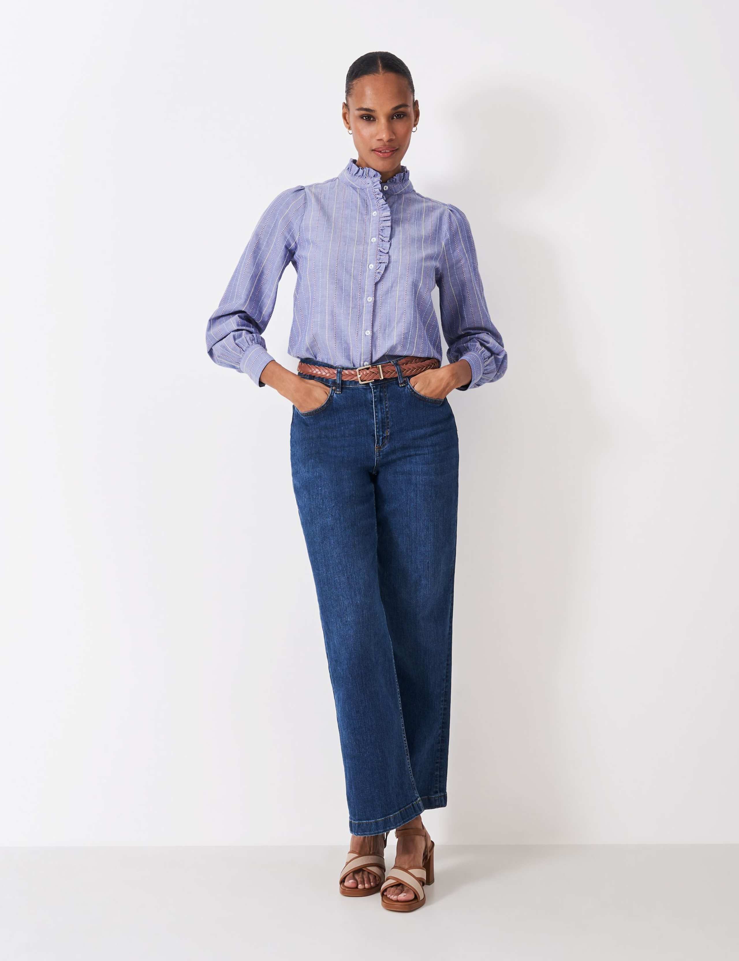 Pure Cotton Striped Frill Neck Blouse 1 of 5
