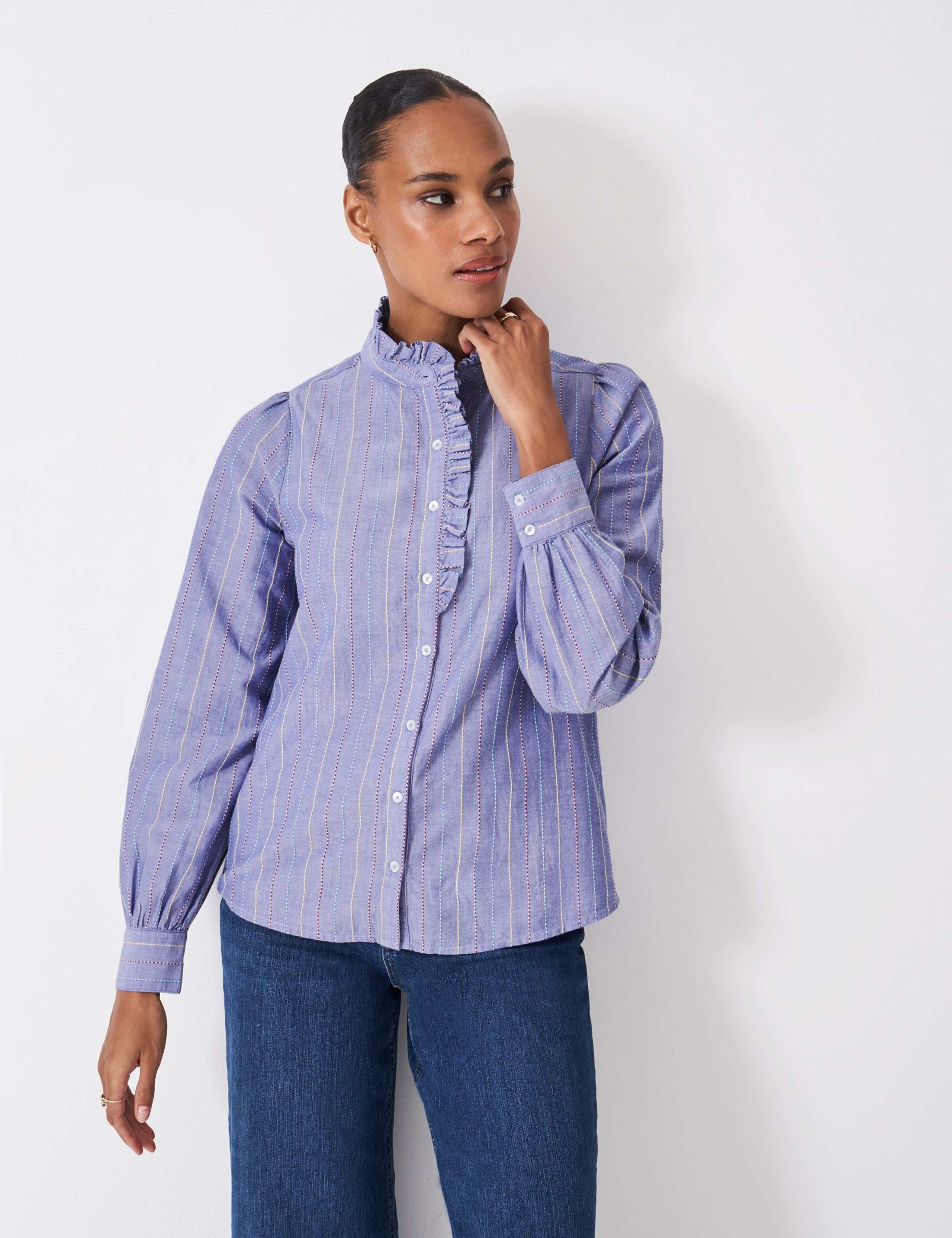 Pure Cotton Striped Frill Neck Blouse 4 of 5