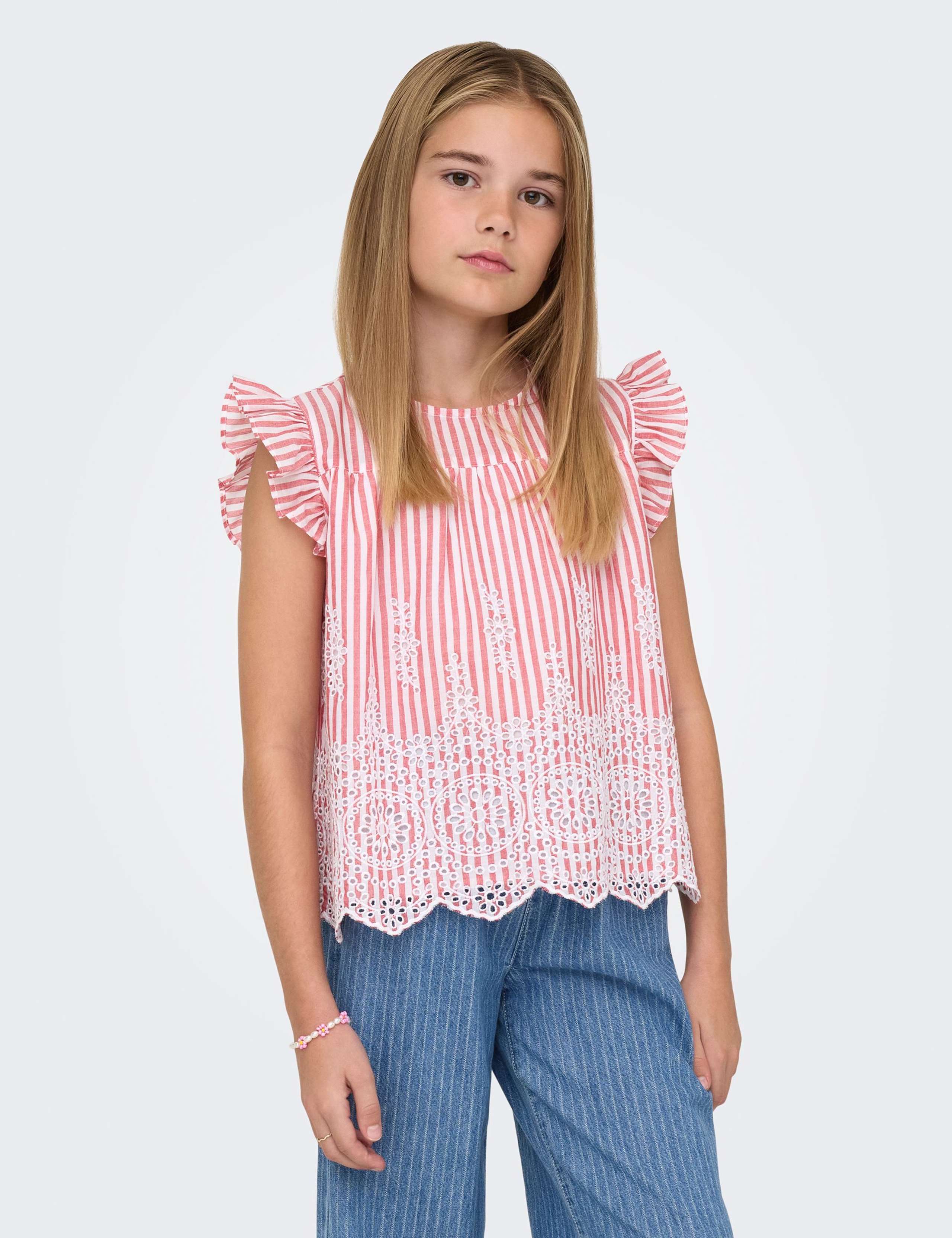 Pure Cotton Striped Frilly Sleeve Top (8-14 Yrs) 1 of 6