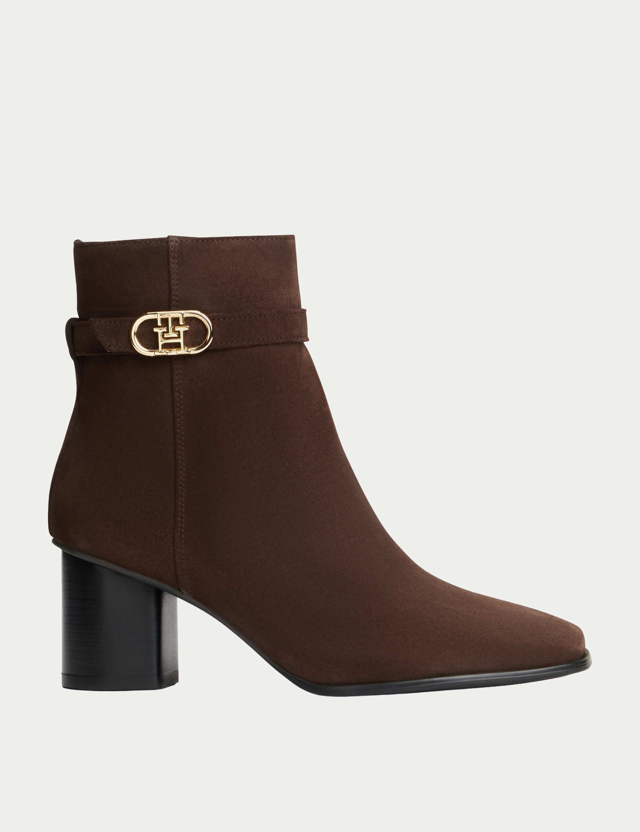 Suede Strap Monogram Block Heel Ankle Boots 1 of 6