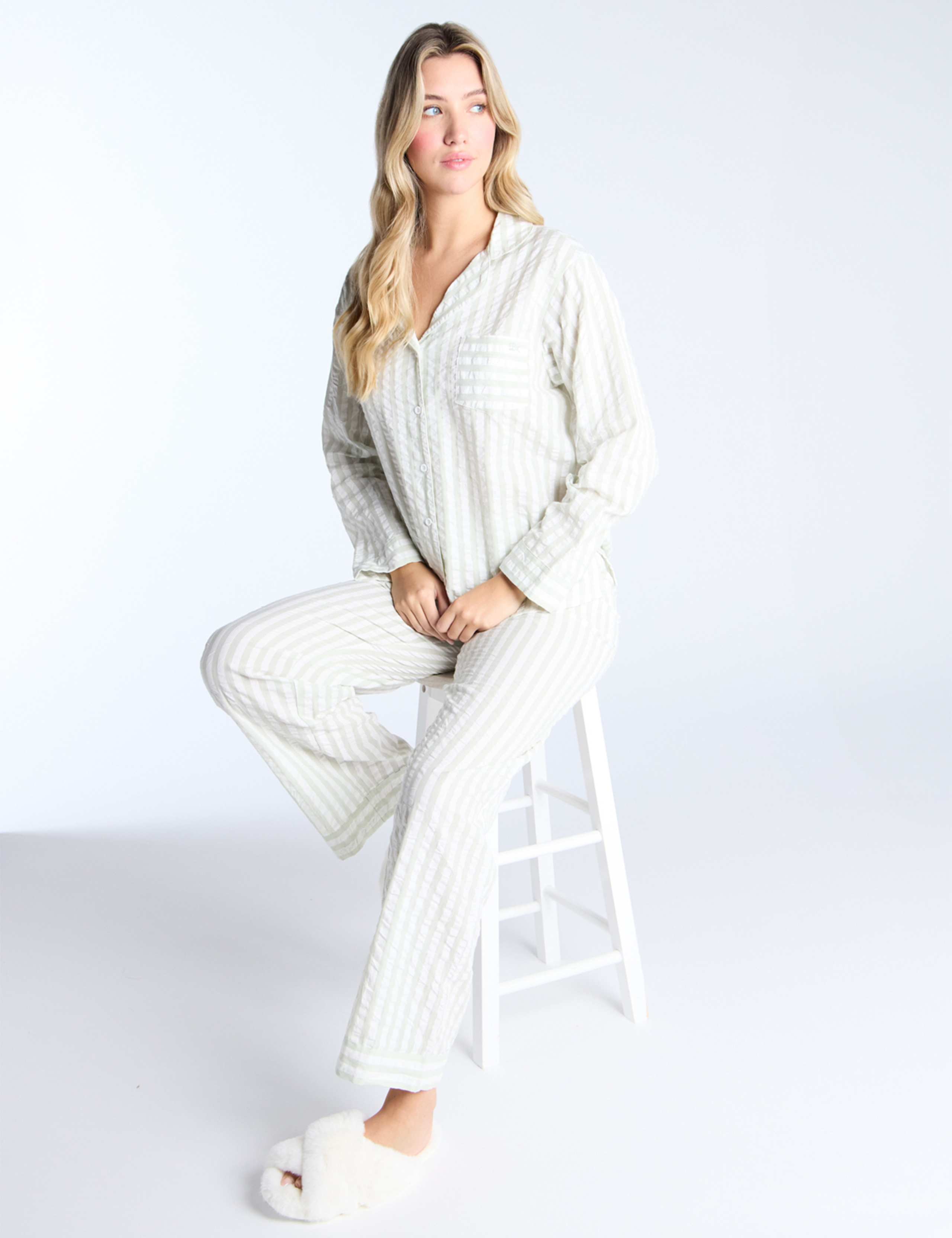 Pure Cotton Seersucker Striped Pyjama Set 2 of 5