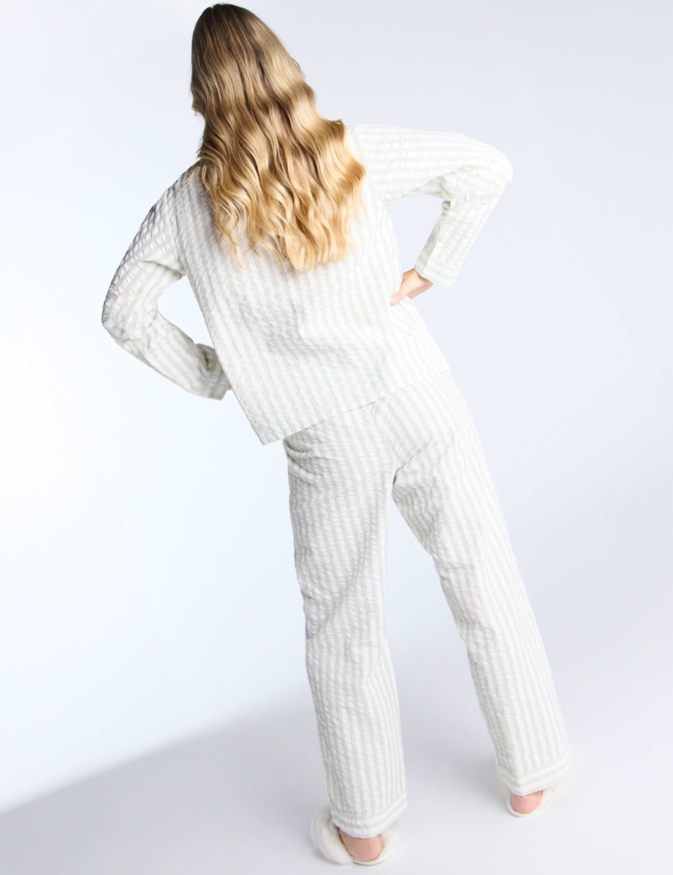 Pure Cotton Seersucker Striped Pyjama Set 3 of 5
