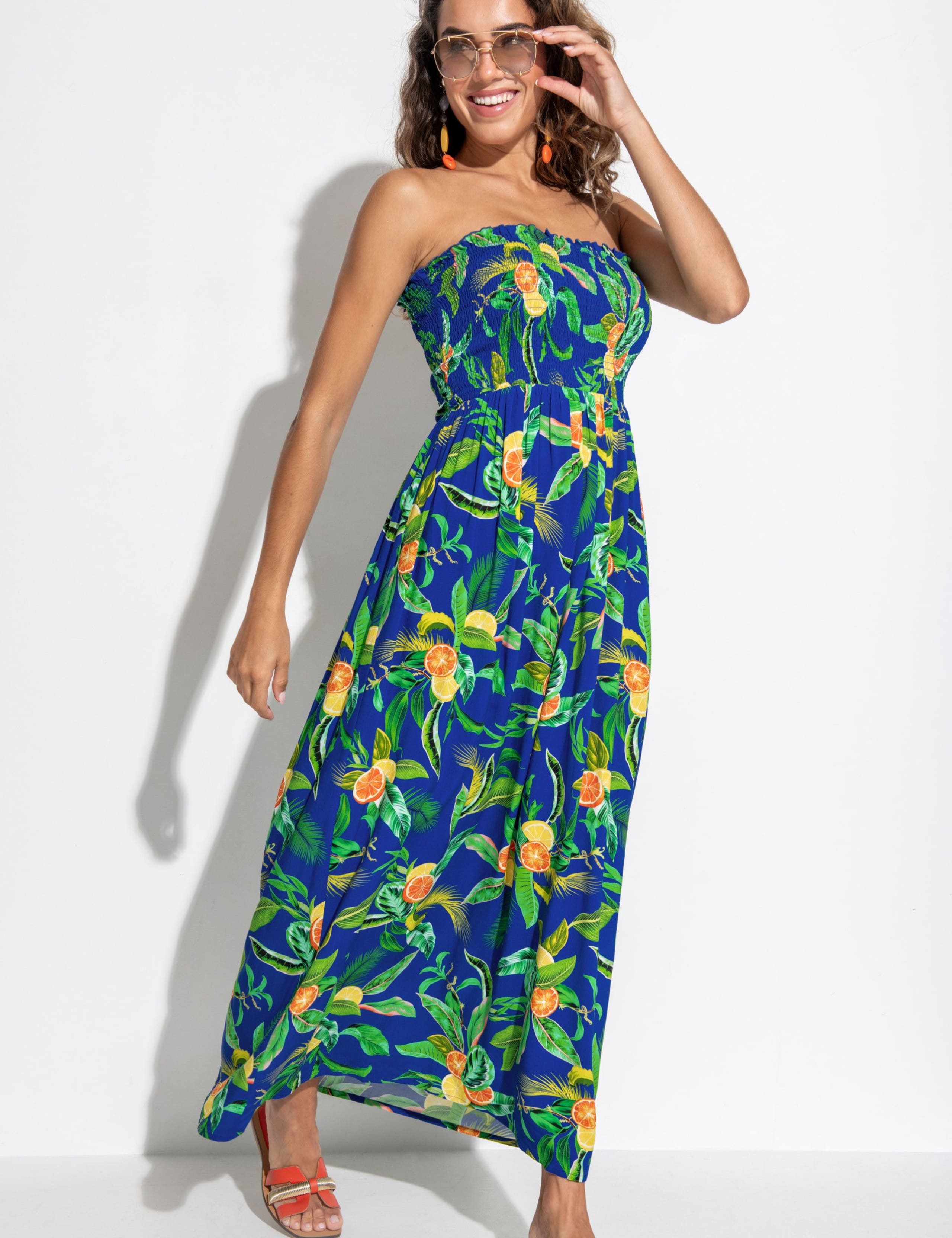 Printed Strapless Shirred Maxi Beach Dress 4 of 7