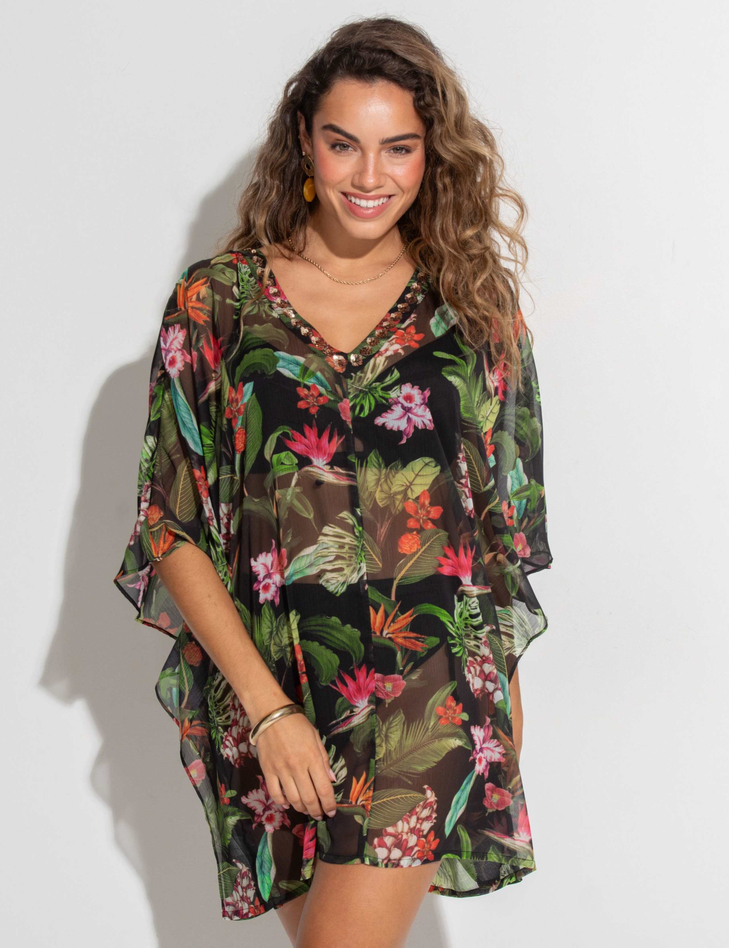 Chiffon Embellished Printed V-Neck Mini Kaftan 3 of 7