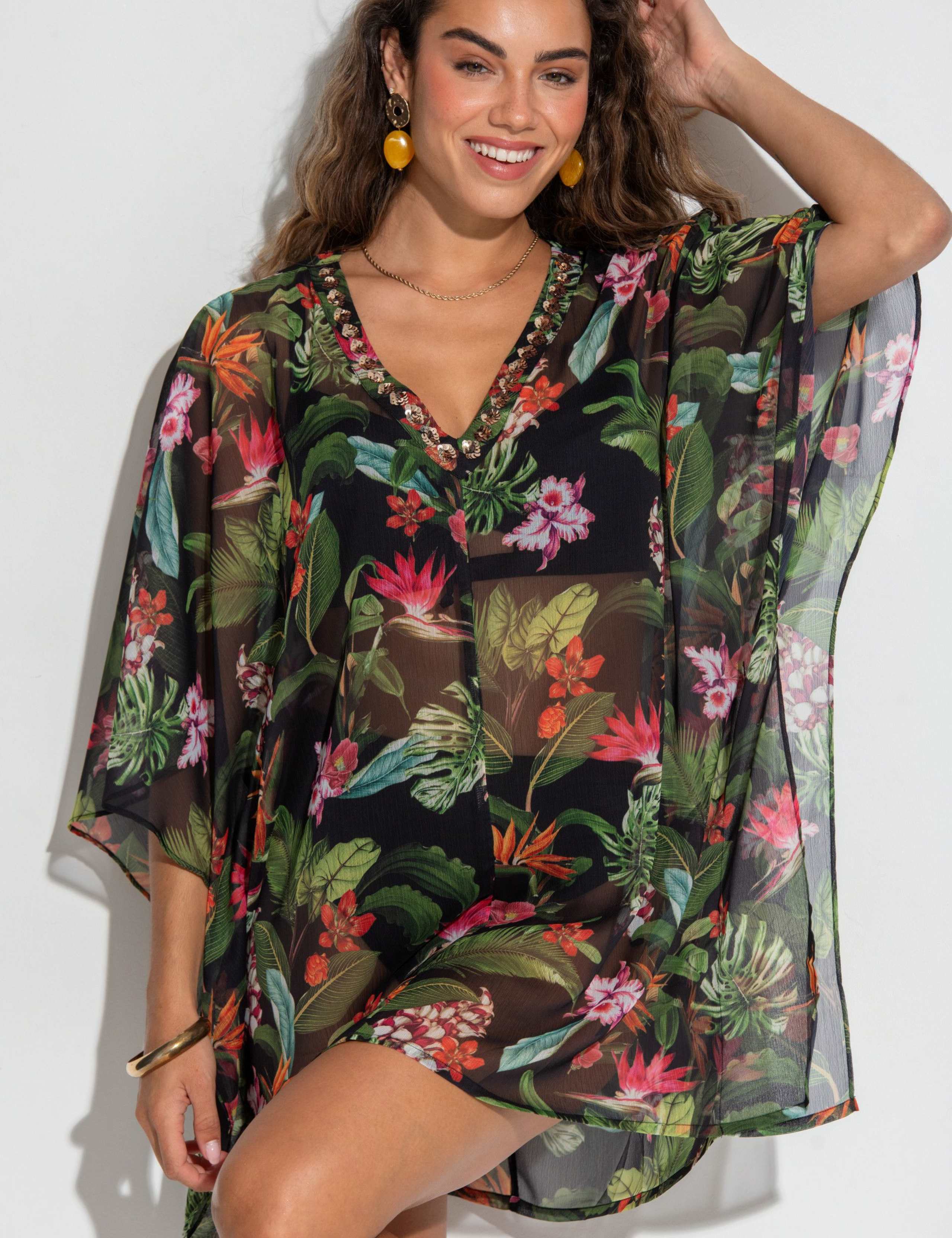 Chiffon Embellished Printed V-Neck Mini Kaftan 5 of 7