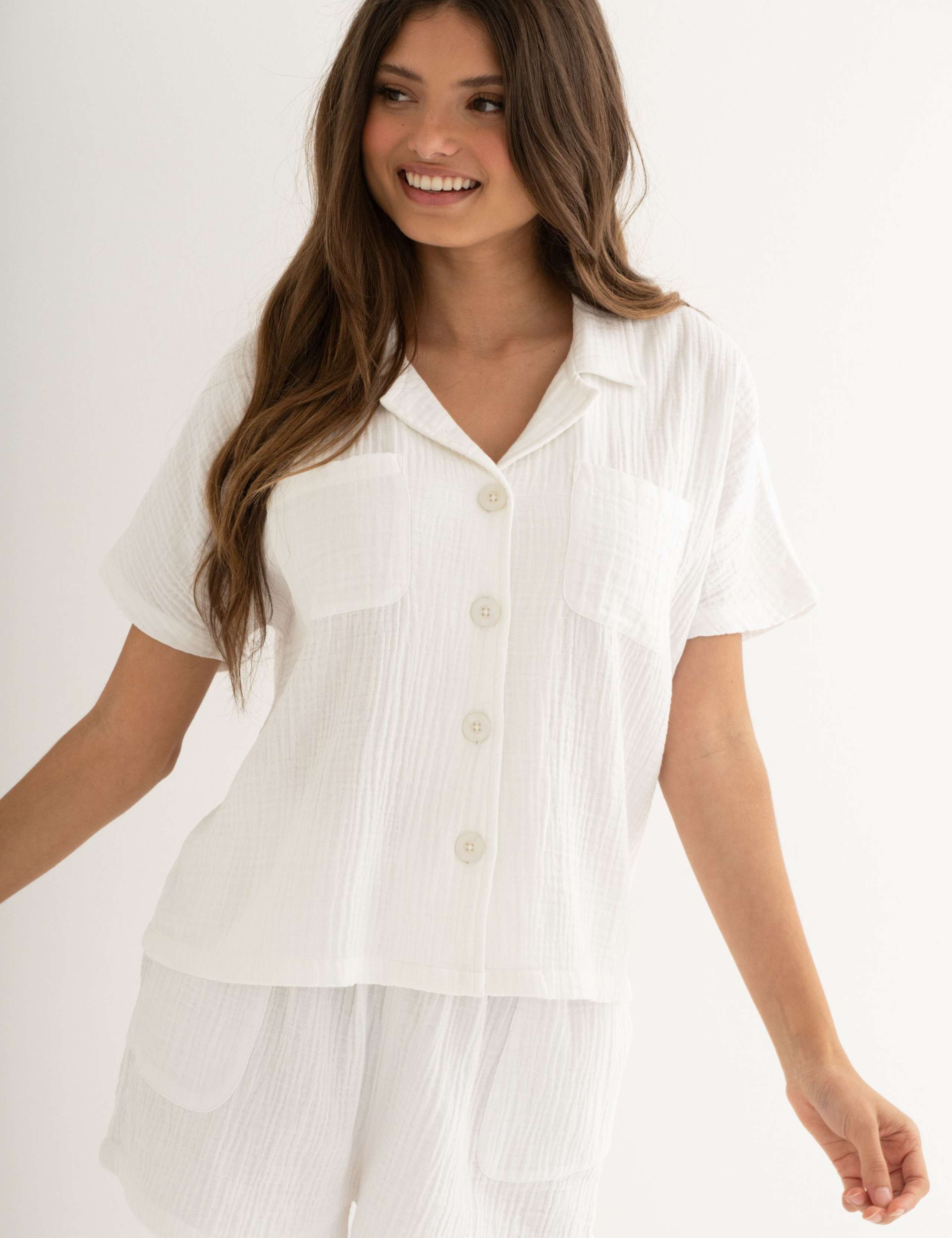 Woven Double Cloth Revere Collar Shirt and Short Pyjama Set 1 of 10