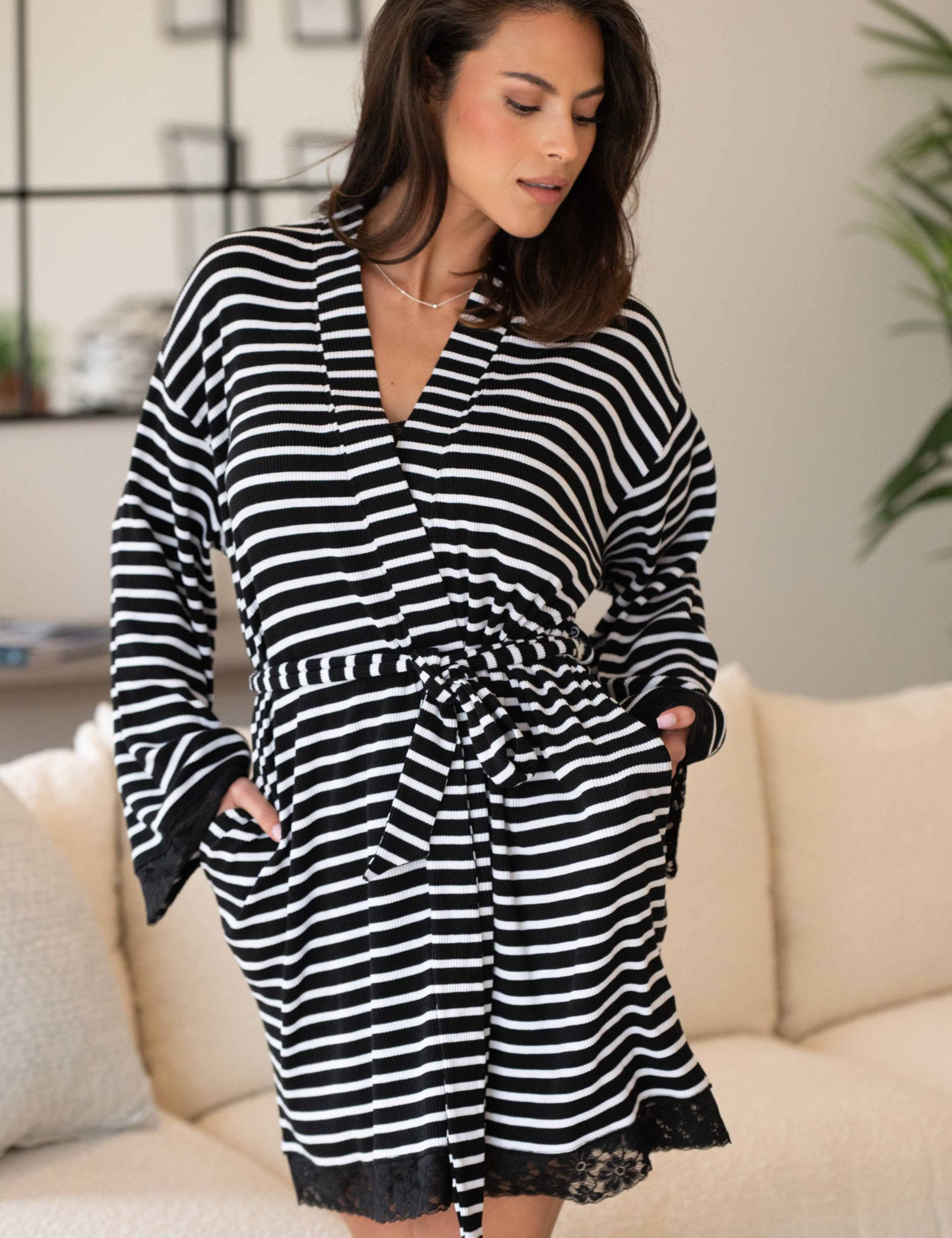 Cotton Rich Lace Trim Striped Dressing Gown 3 of 8