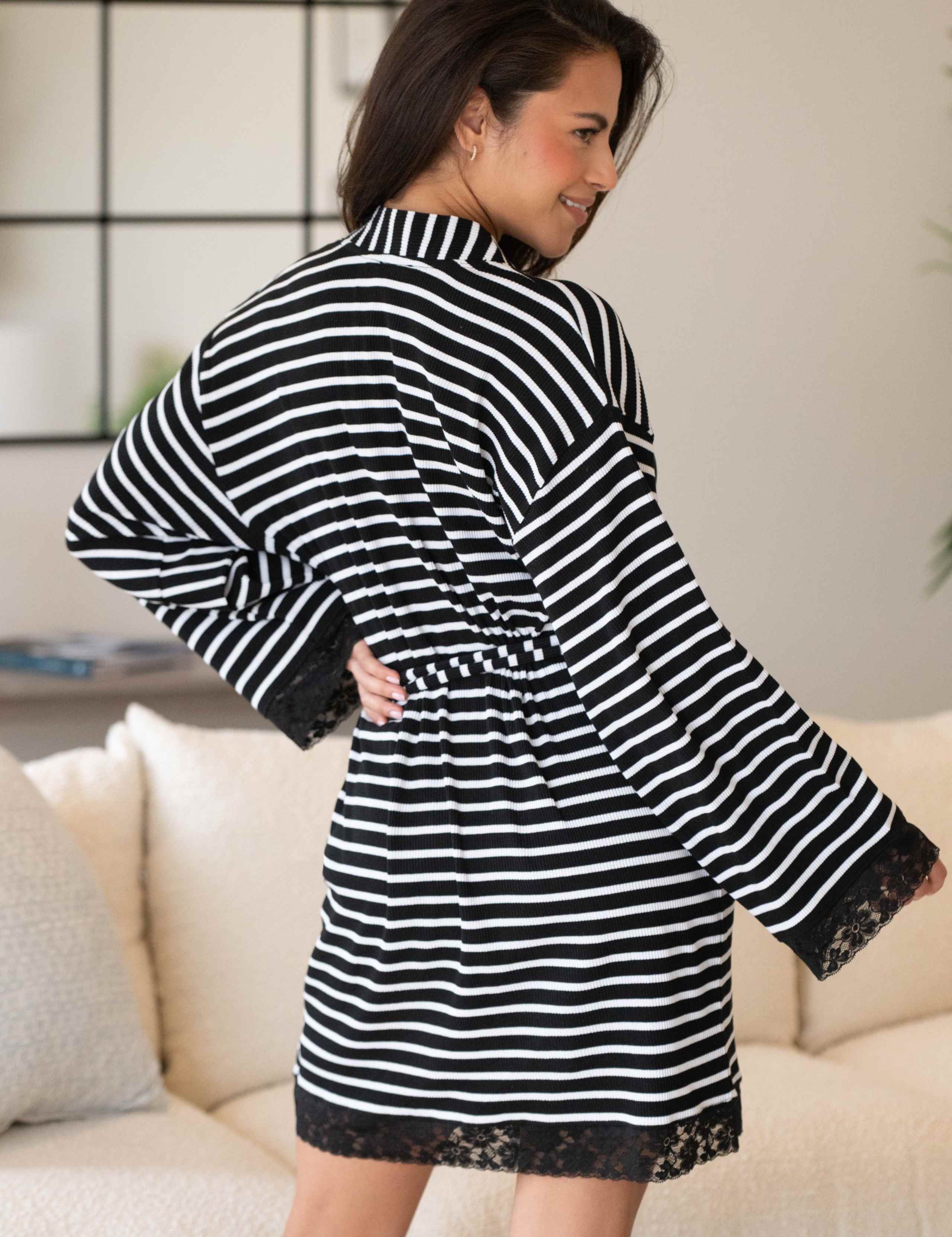 Cotton Rich Lace Trim Striped Dressing Gown 4 of 8