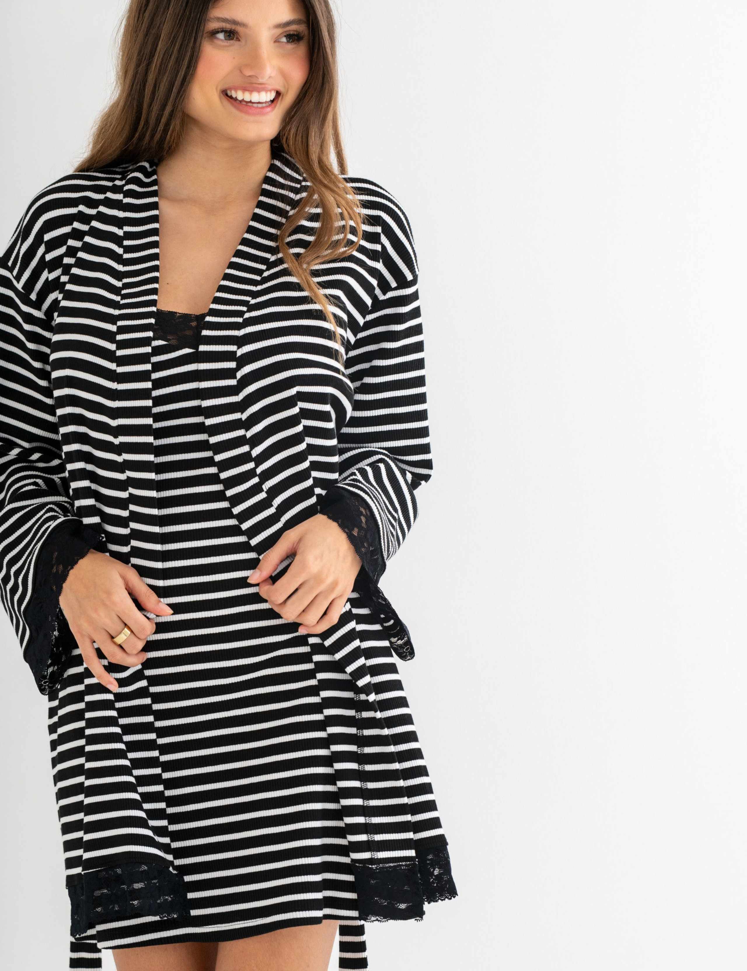 Cotton Rich Lace Trim Striped Dressing Gown 6 of 8