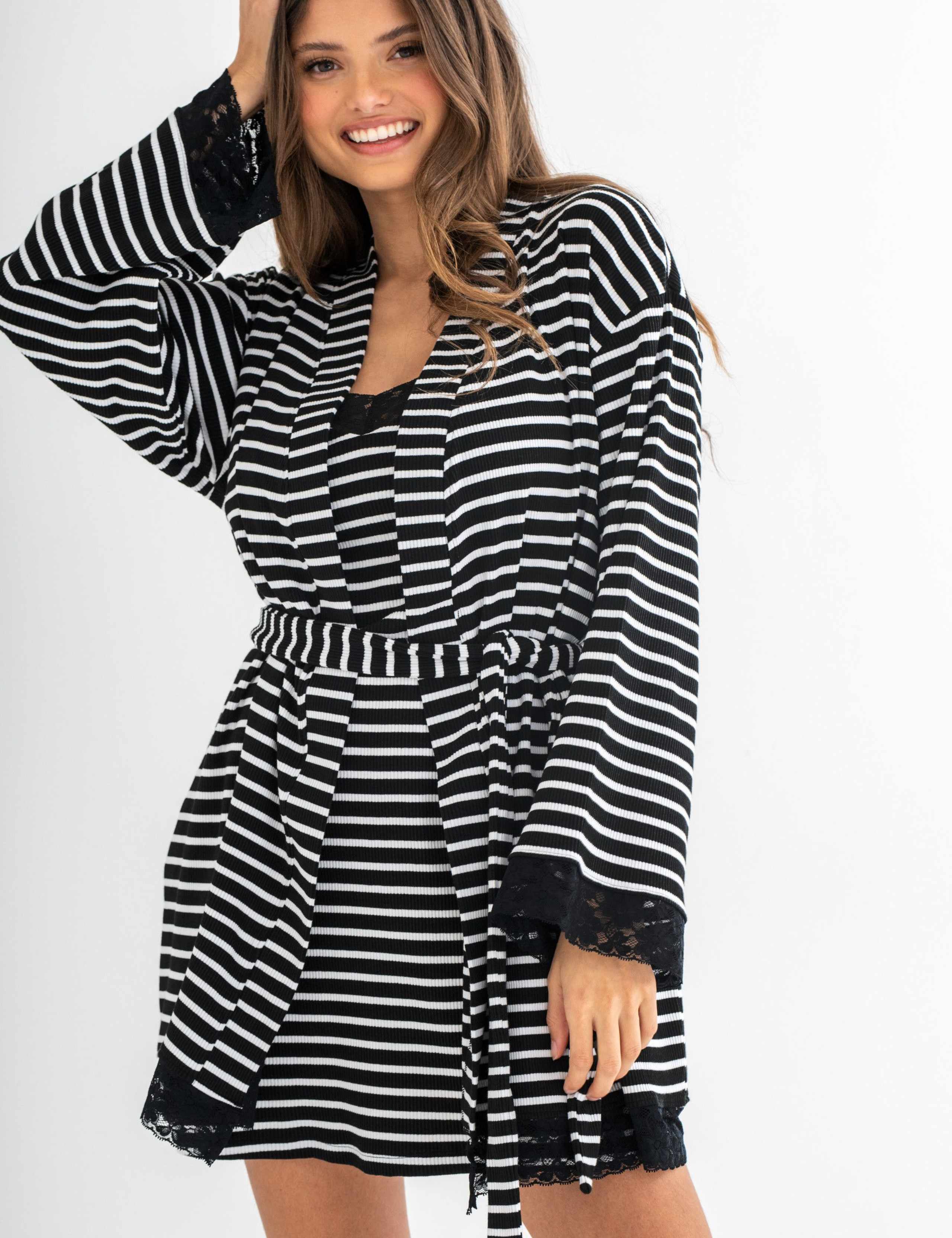 Cotton Rich Lace Trim Striped Dressing Gown 8 of 8