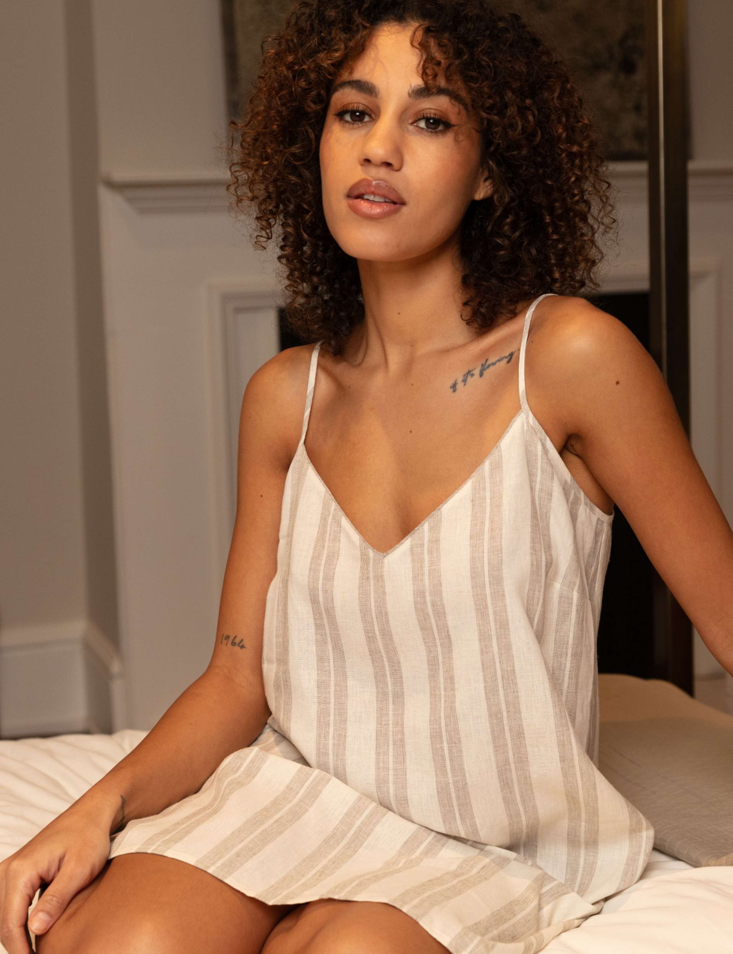 Linen Blend Striped Strappy Nightdress 3 of 4