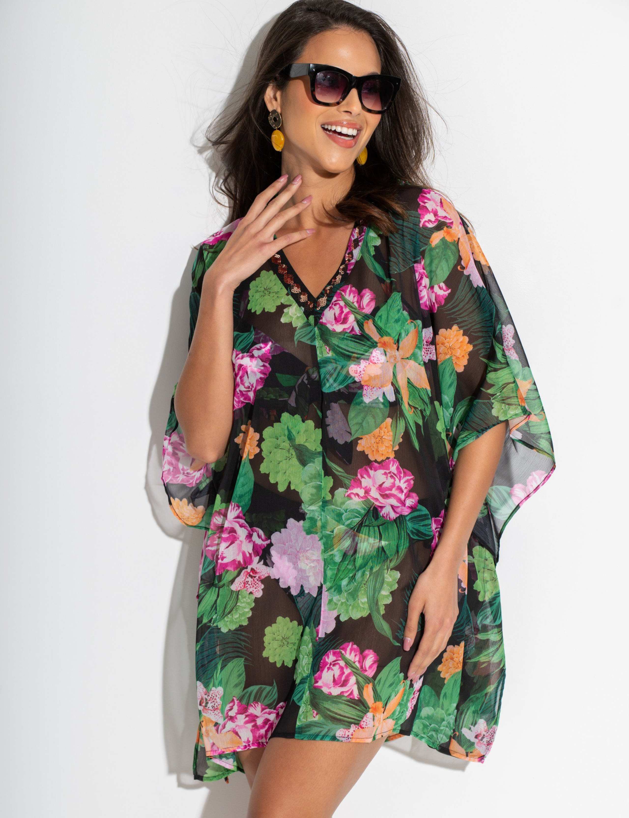 Chiffon Floral Sequin V Neck Mini Kaftan 1 of 8