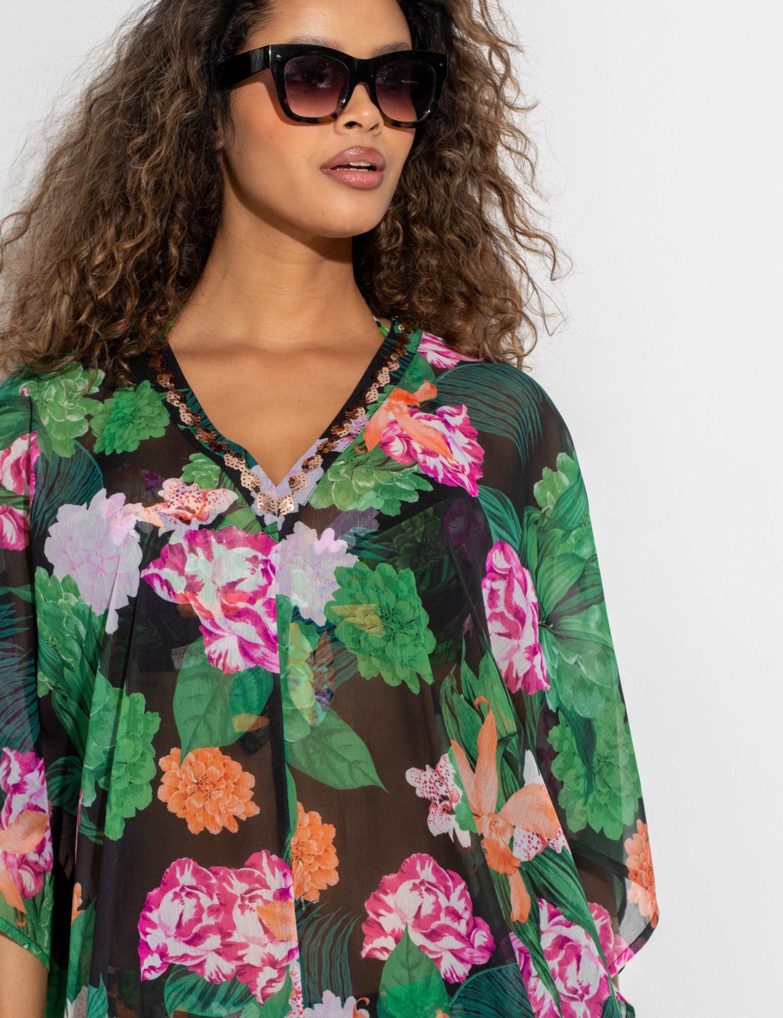Chiffon Floral Sequin V Neck Mini Kaftan 6 of 8
