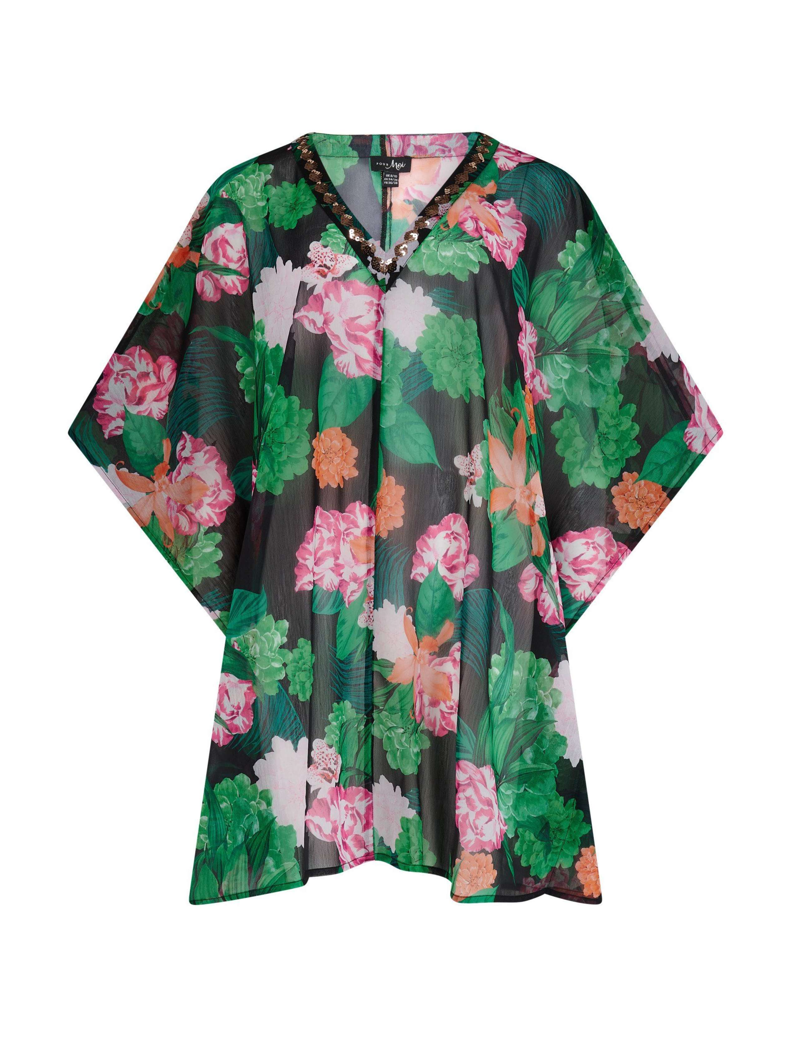 Chiffon Floral Sequin V Neck Mini Kaftan 2 of 8