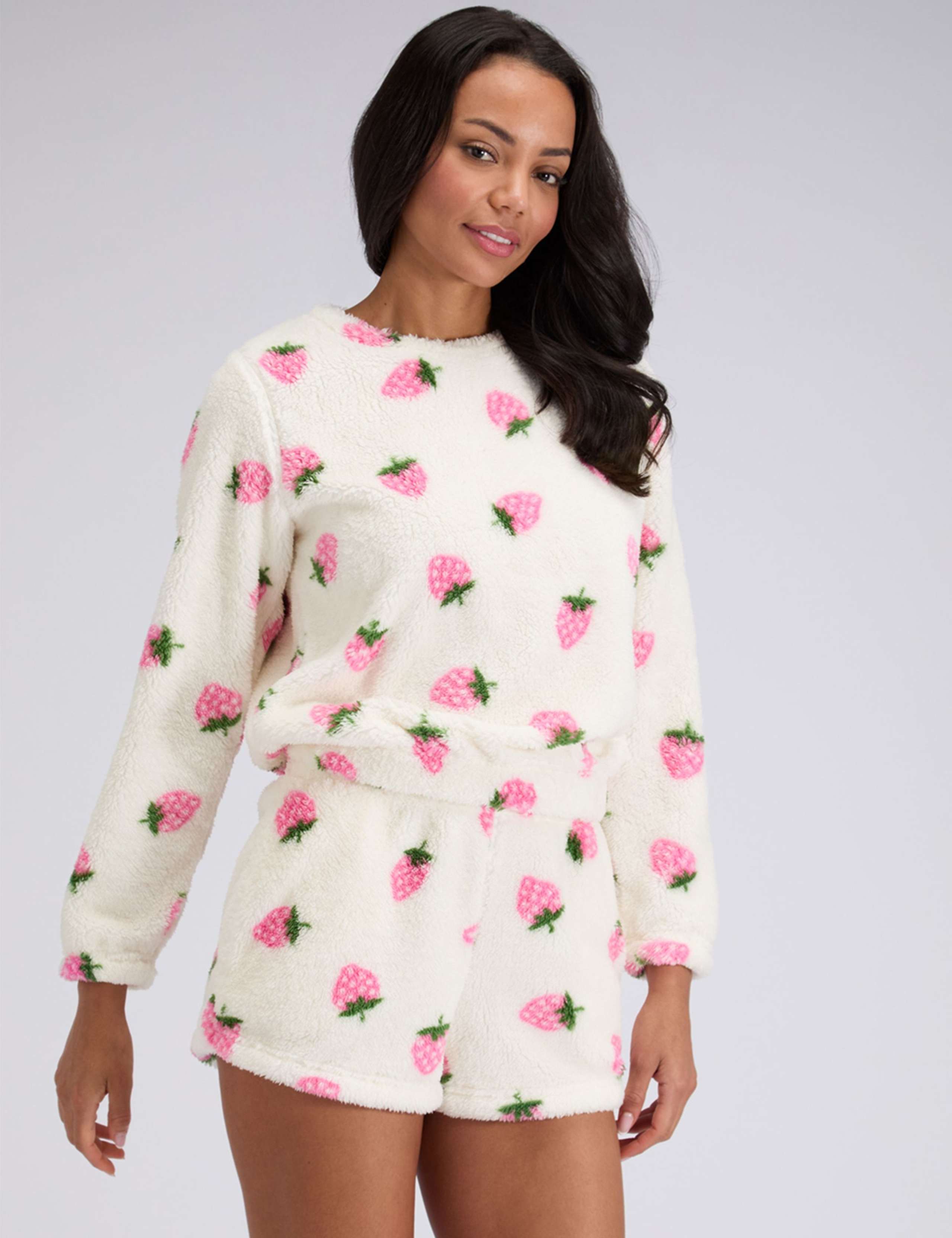 Borg Strawberry Lounge Sweatshirt Short Set 2 of 6