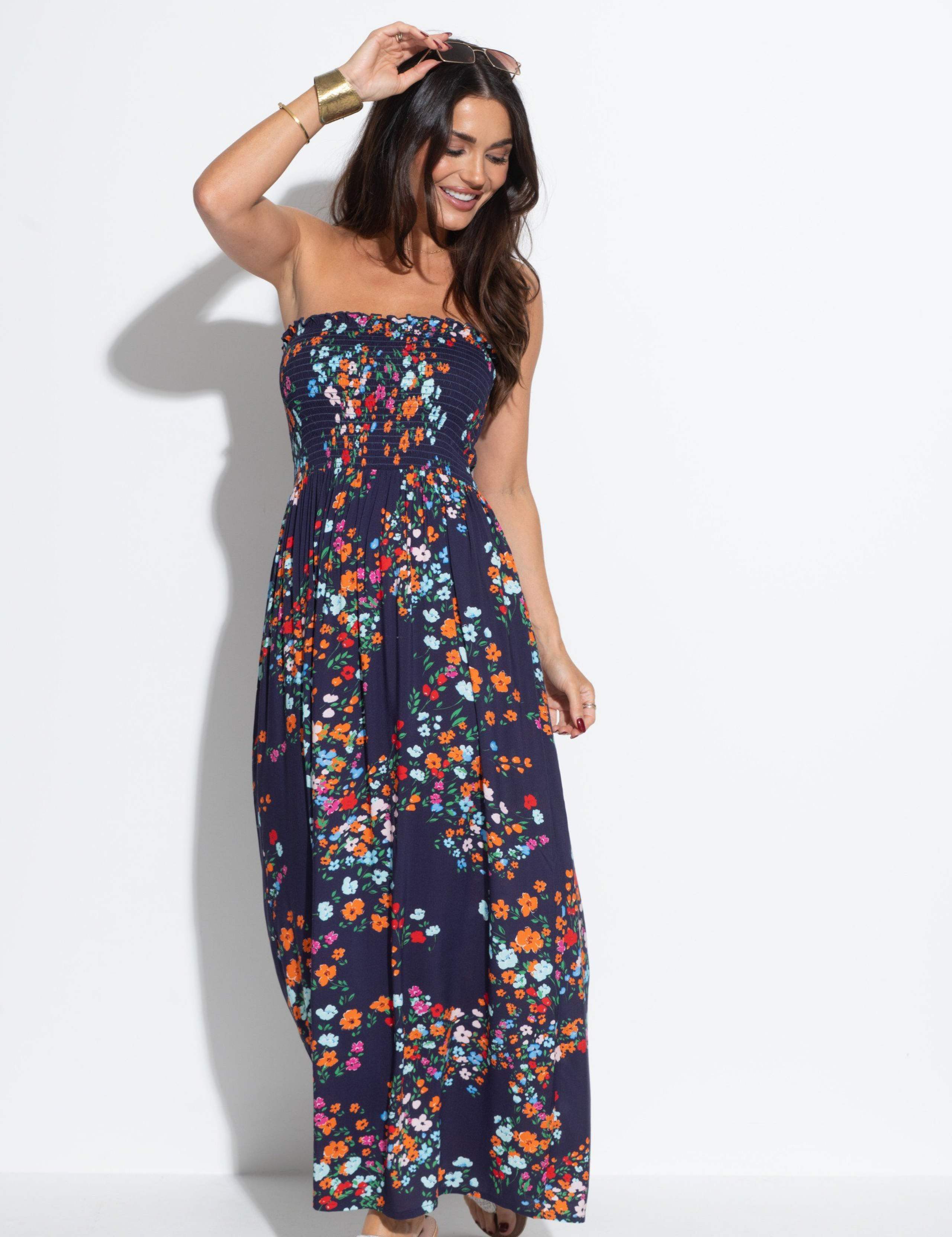 Emma Floral Shirred Strappy Maxi Beach Dress 1 of 7