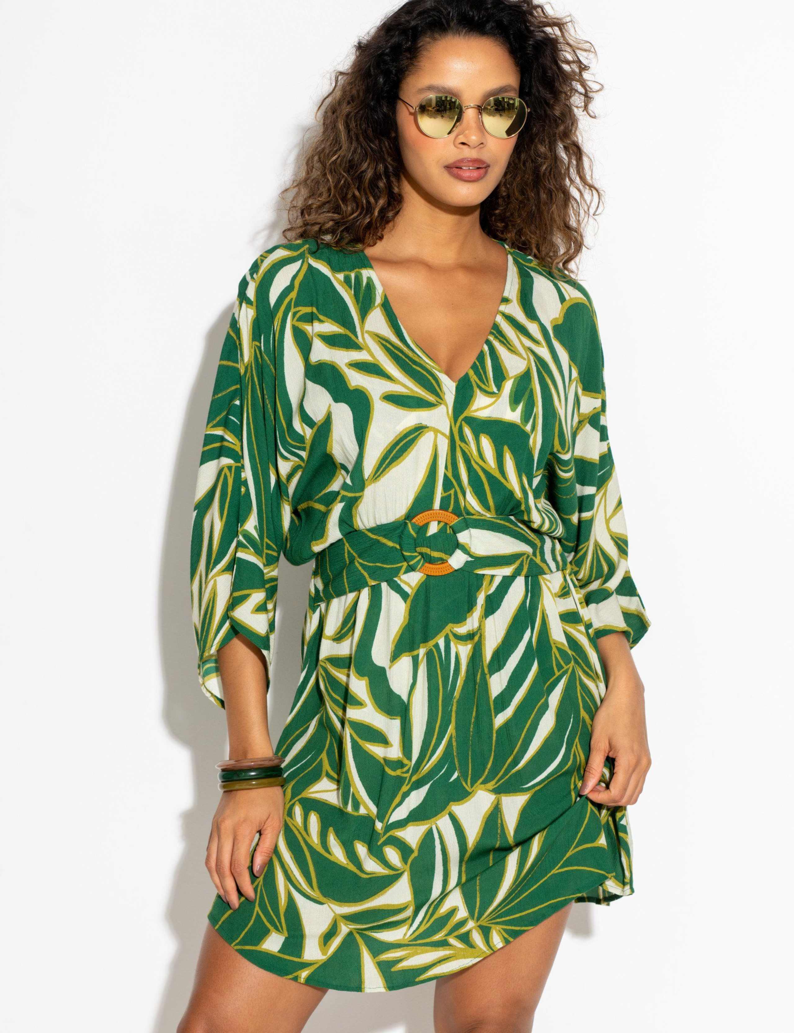 Textured Leaf Print Mini Kaftan Beach Dress 4 of 7