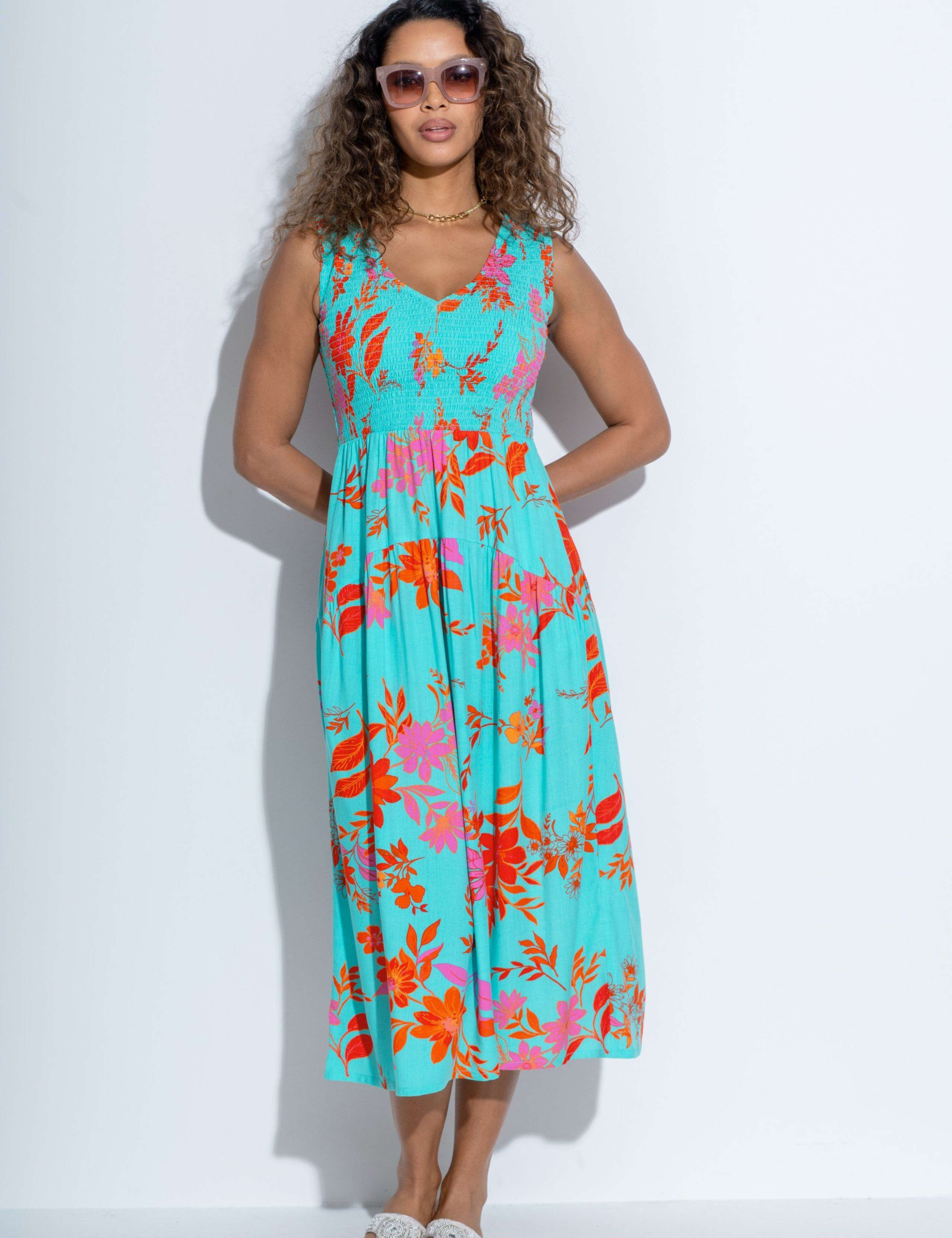 Cotton Rich Floral Shirred Midi Dress with Linen 5 of 6