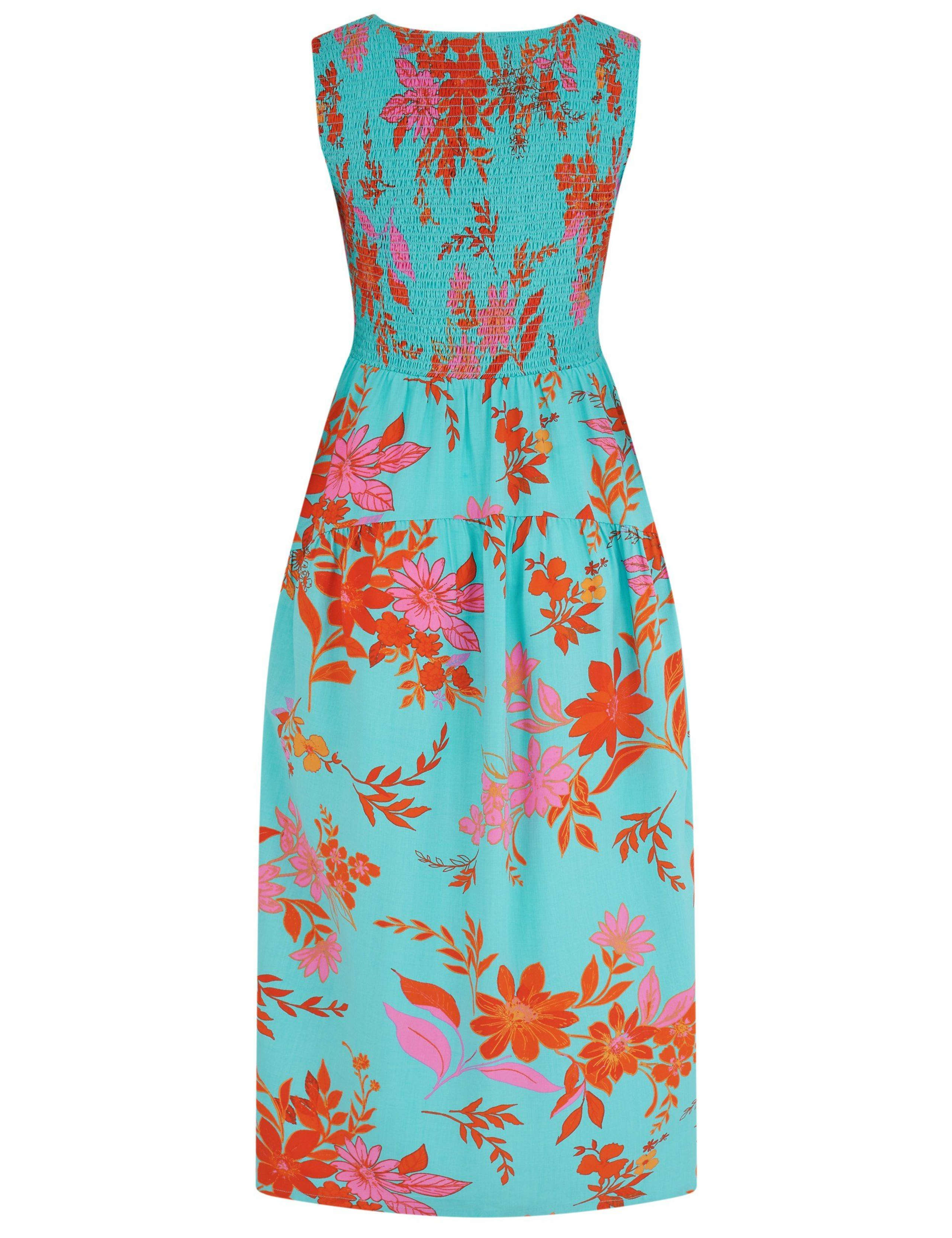 Cotton Rich Floral Shirred Midi Dress with Linen 6 of 6