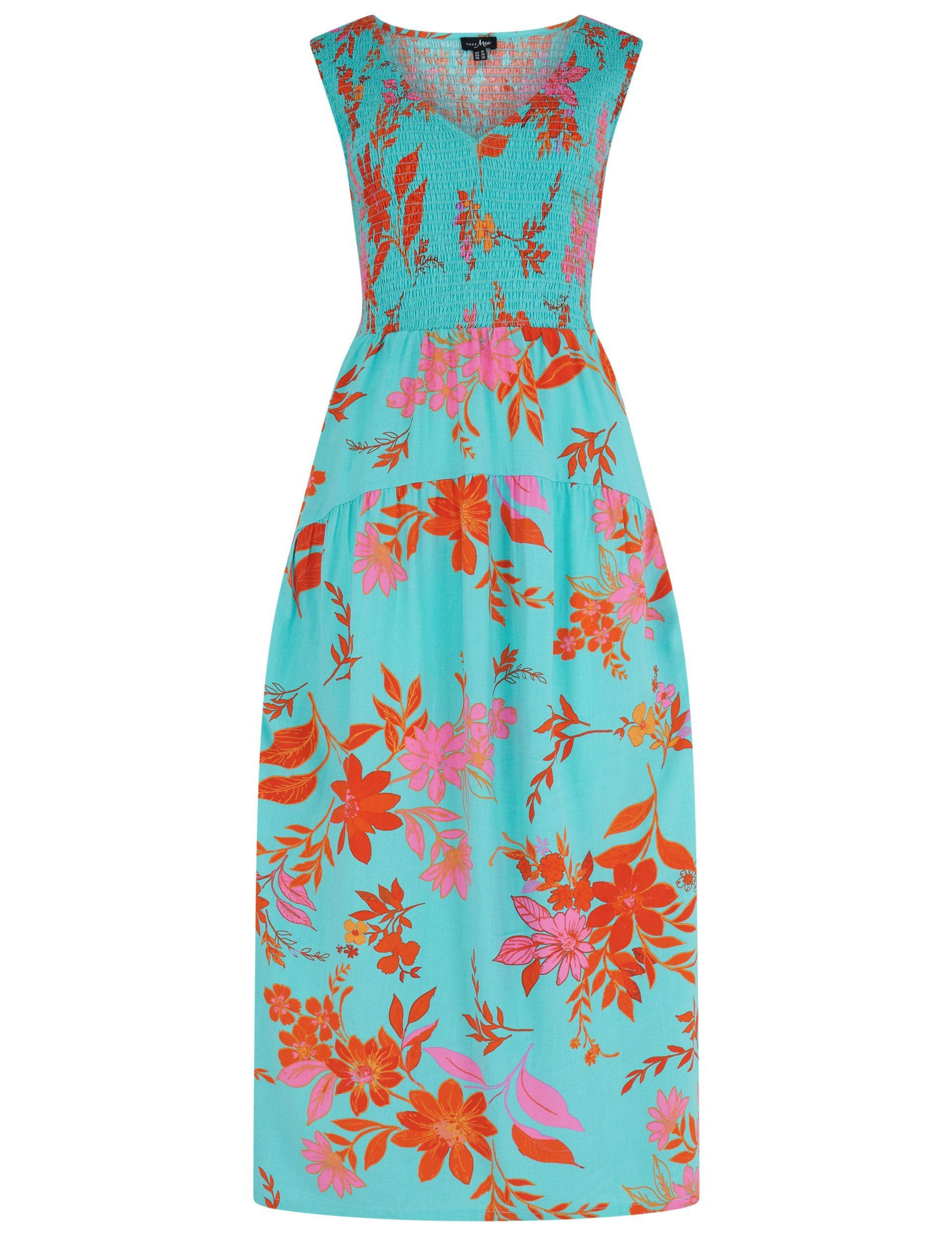 Cotton Rich Floral Shirred Midi Dress with Linen 2 of 6