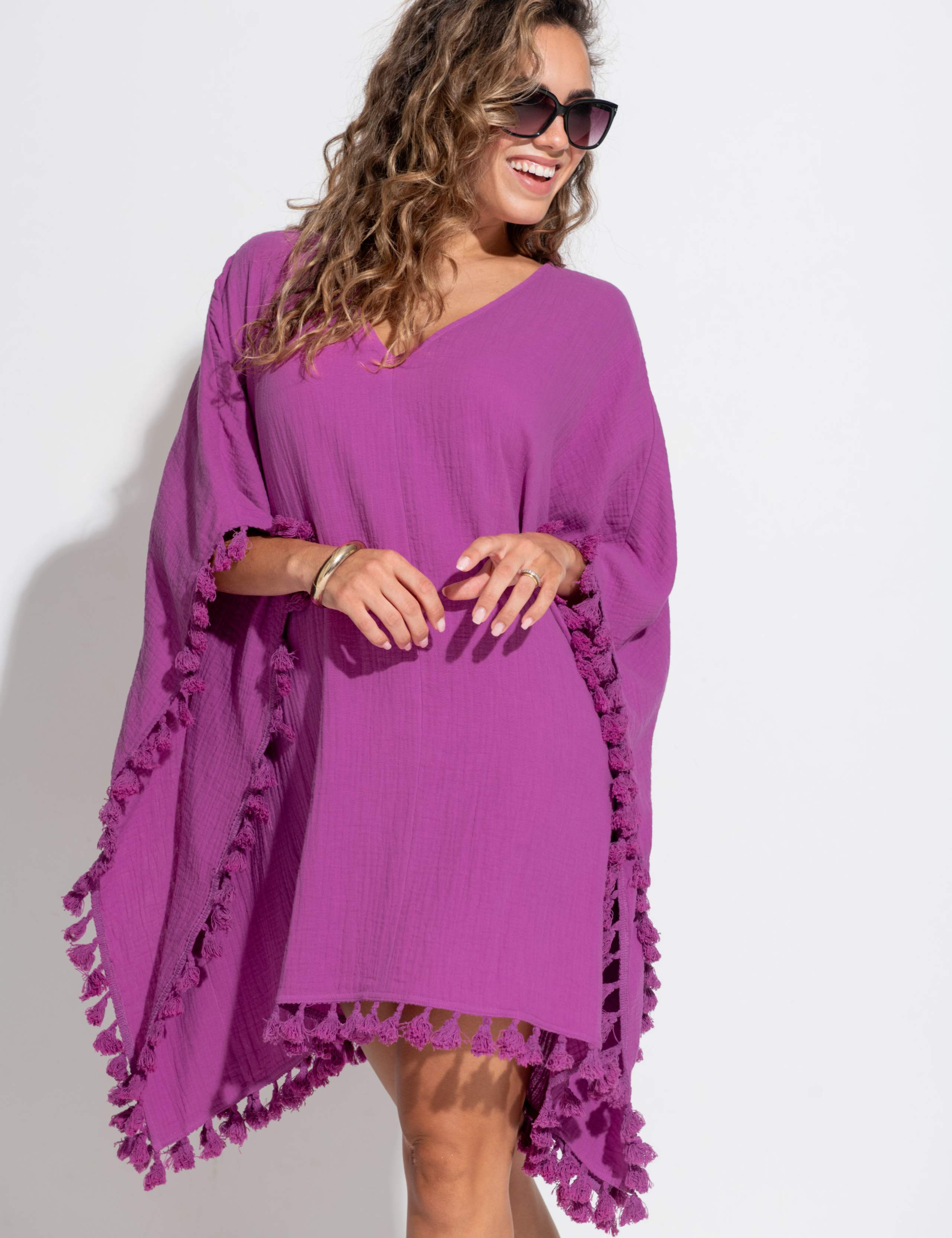 Pure Cotton V-Neck Tassel Fringe Kaftan 1 of 6