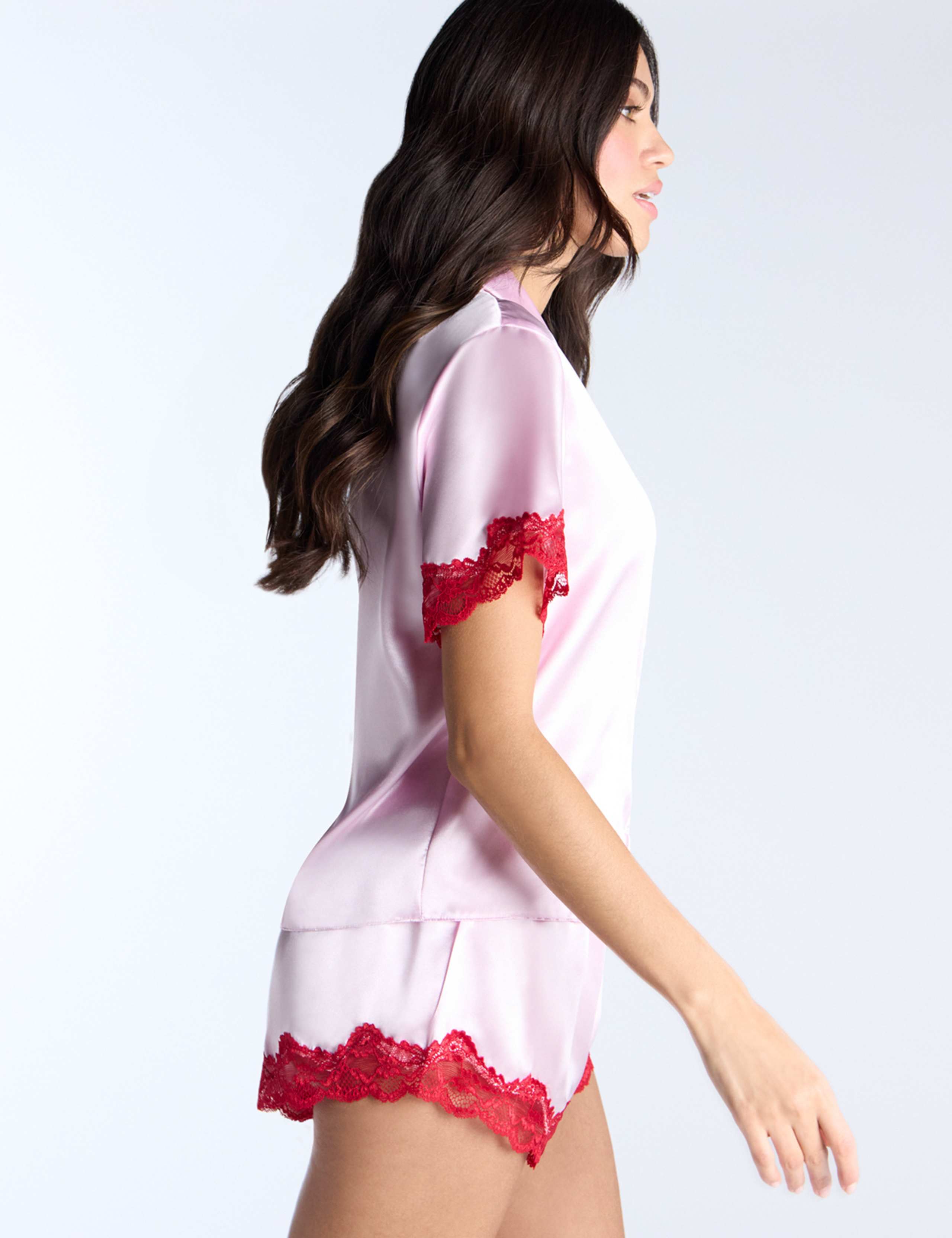 Satin Lace Trim Revere Shortie Set 4 of 5
