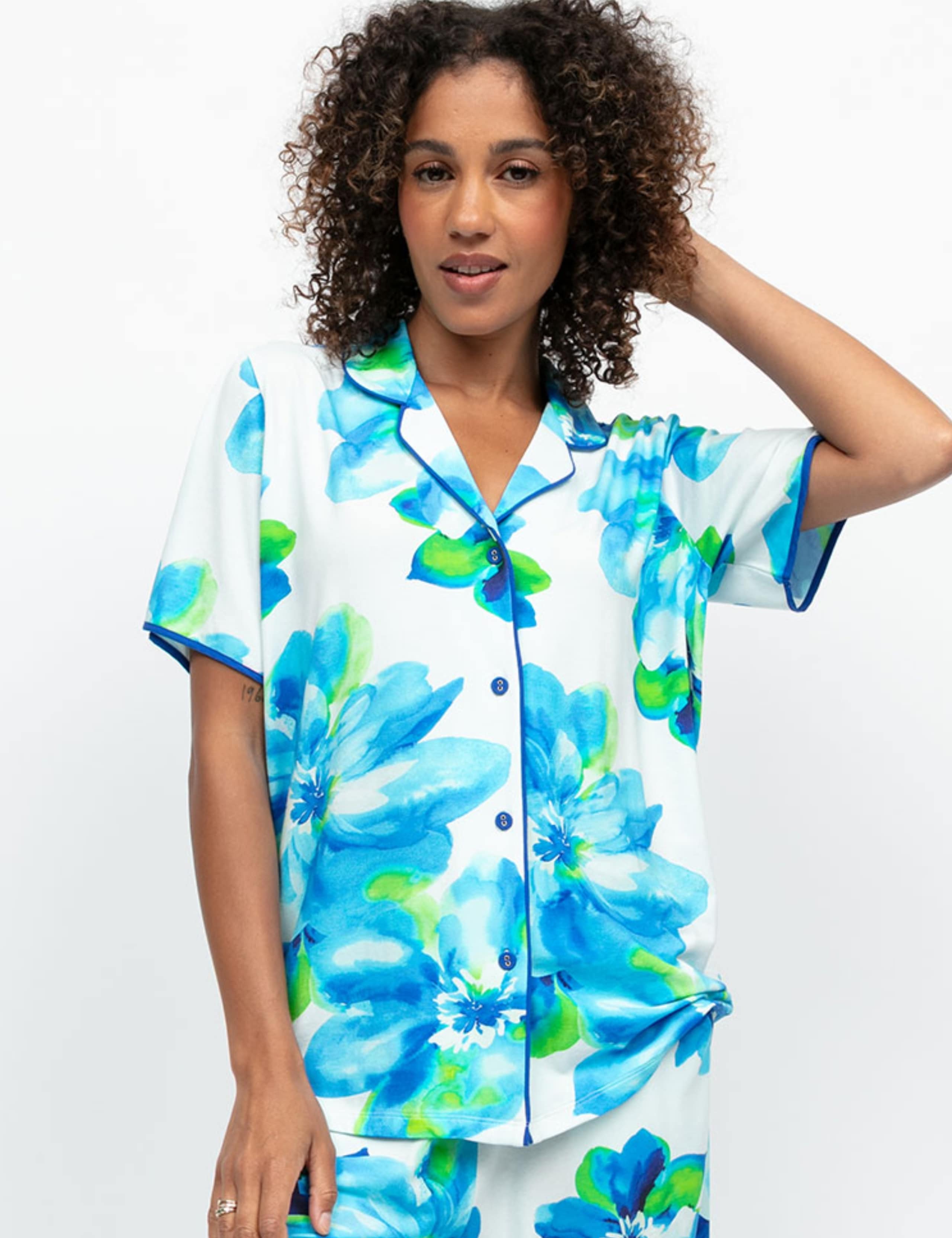 Dark Blue Floral Short Sleeve Pyjama Top 3 of 4