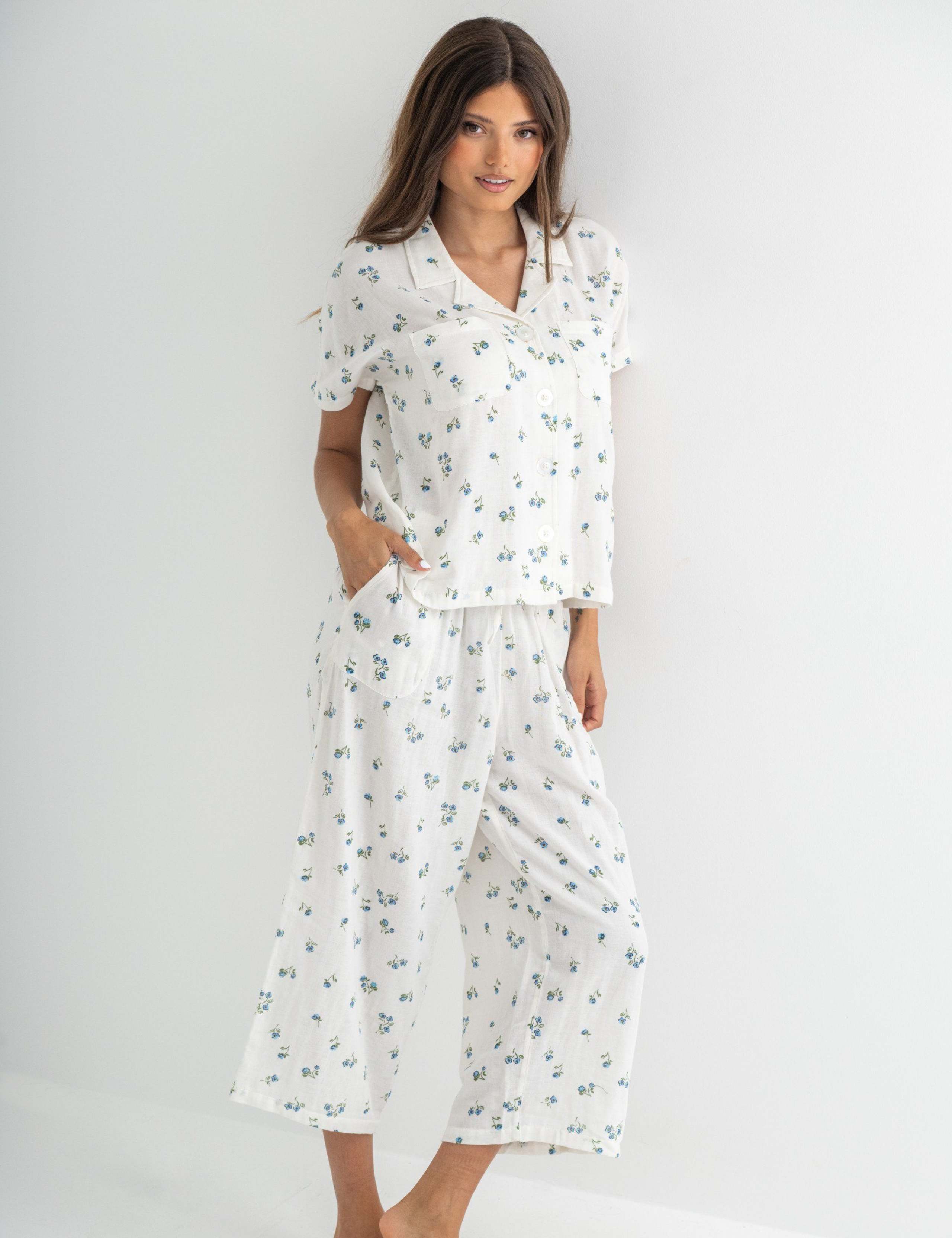 Woven Double Cloth Revere Collar Shirt & Cropped Trouser Pyjama Set 4 of 11