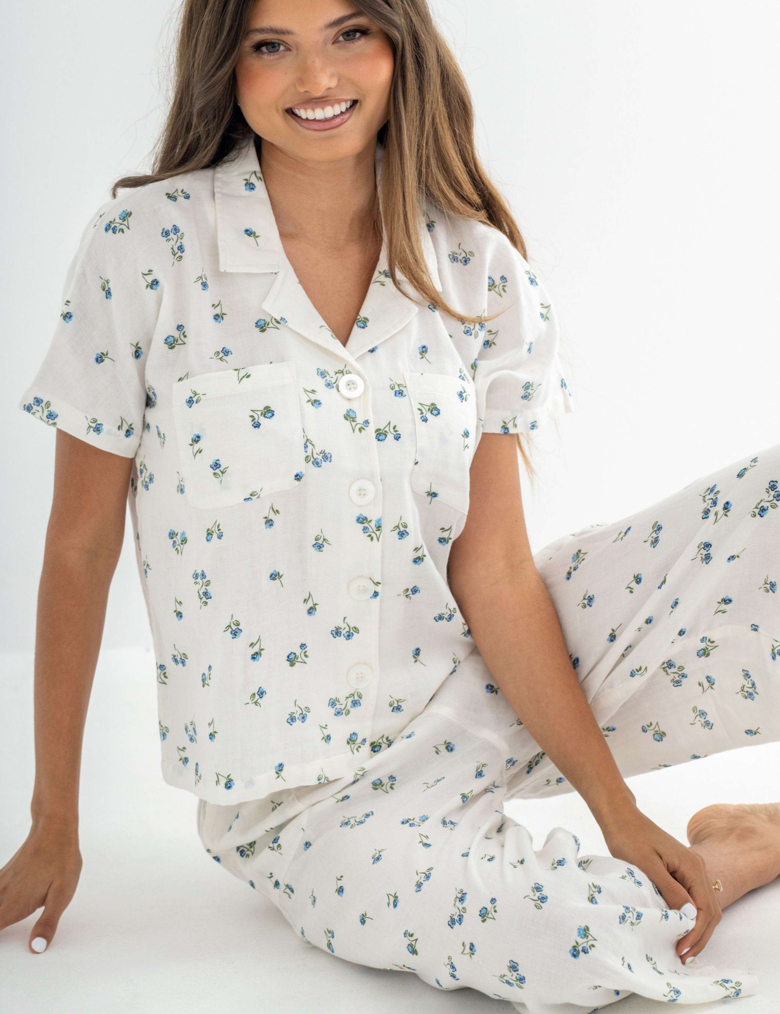 Woven Double Cloth Revere Collar Shirt & Cropped Trouser Pyjama Set 5 of 11