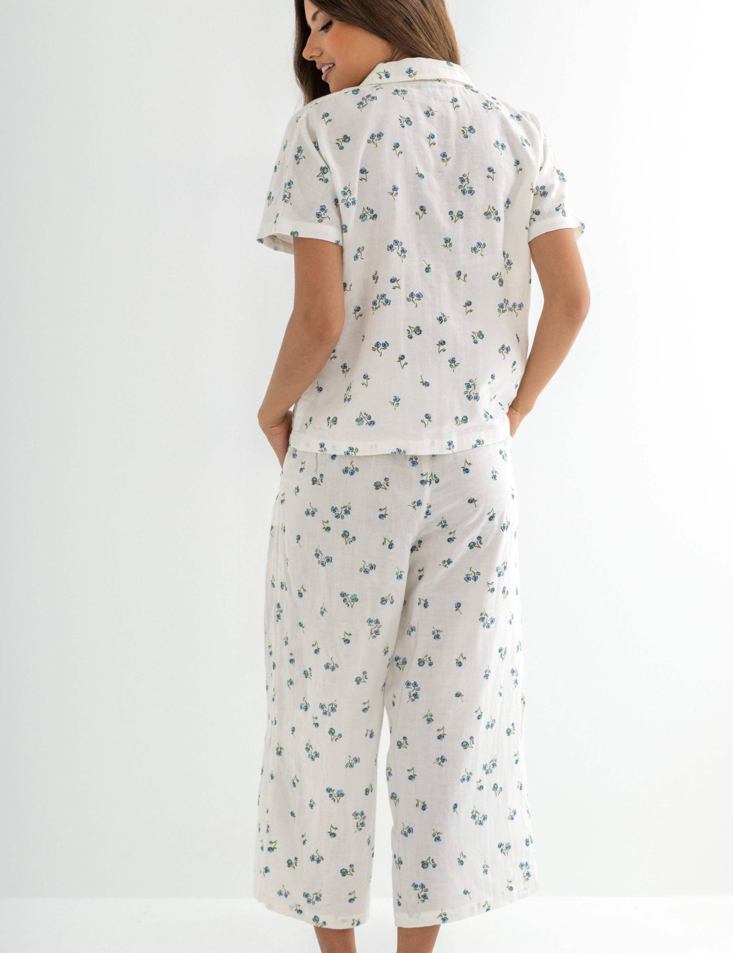 Woven Double Cloth Revere Collar Shirt & Cropped Trouser Pyjama Set 6 of 11