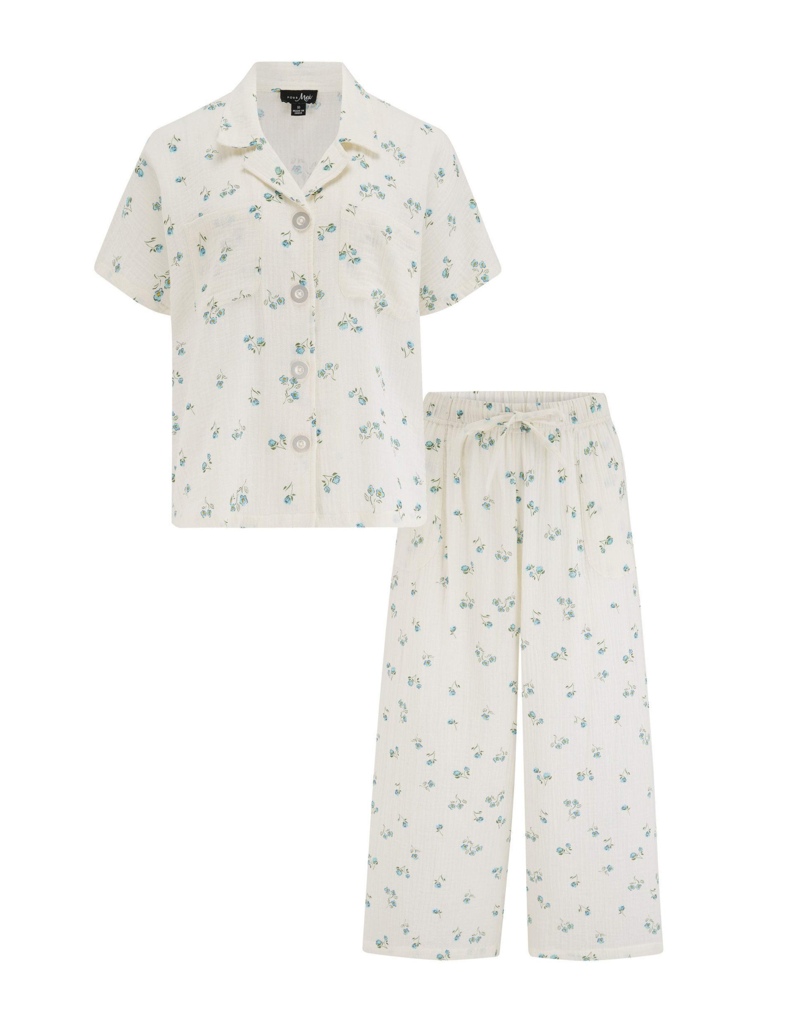 Woven Double Cloth Revere Collar Shirt & Cropped Trouser Pyjama Set 2 of 11