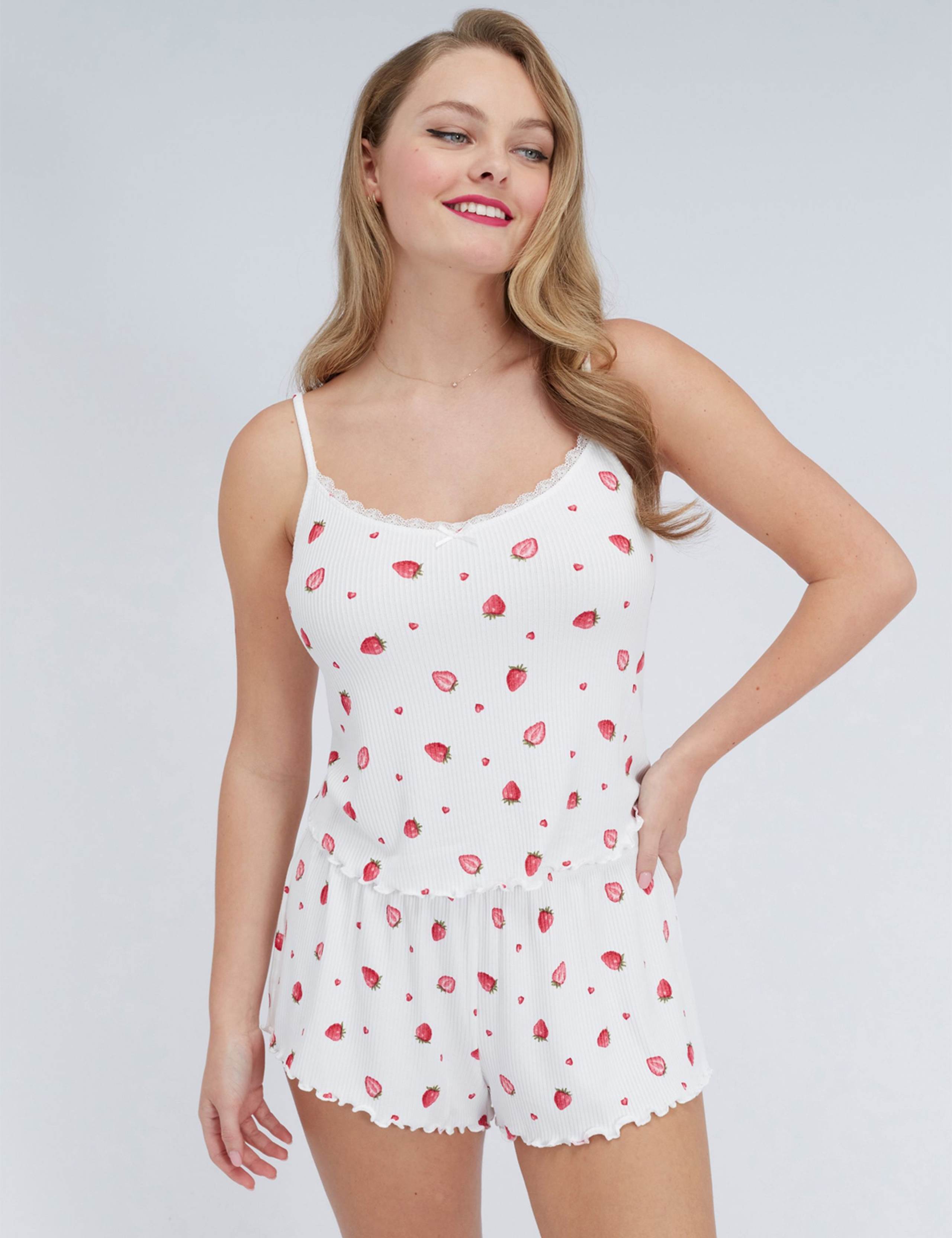 Ribbed Strawberry Print Shortie Set 1 of 6