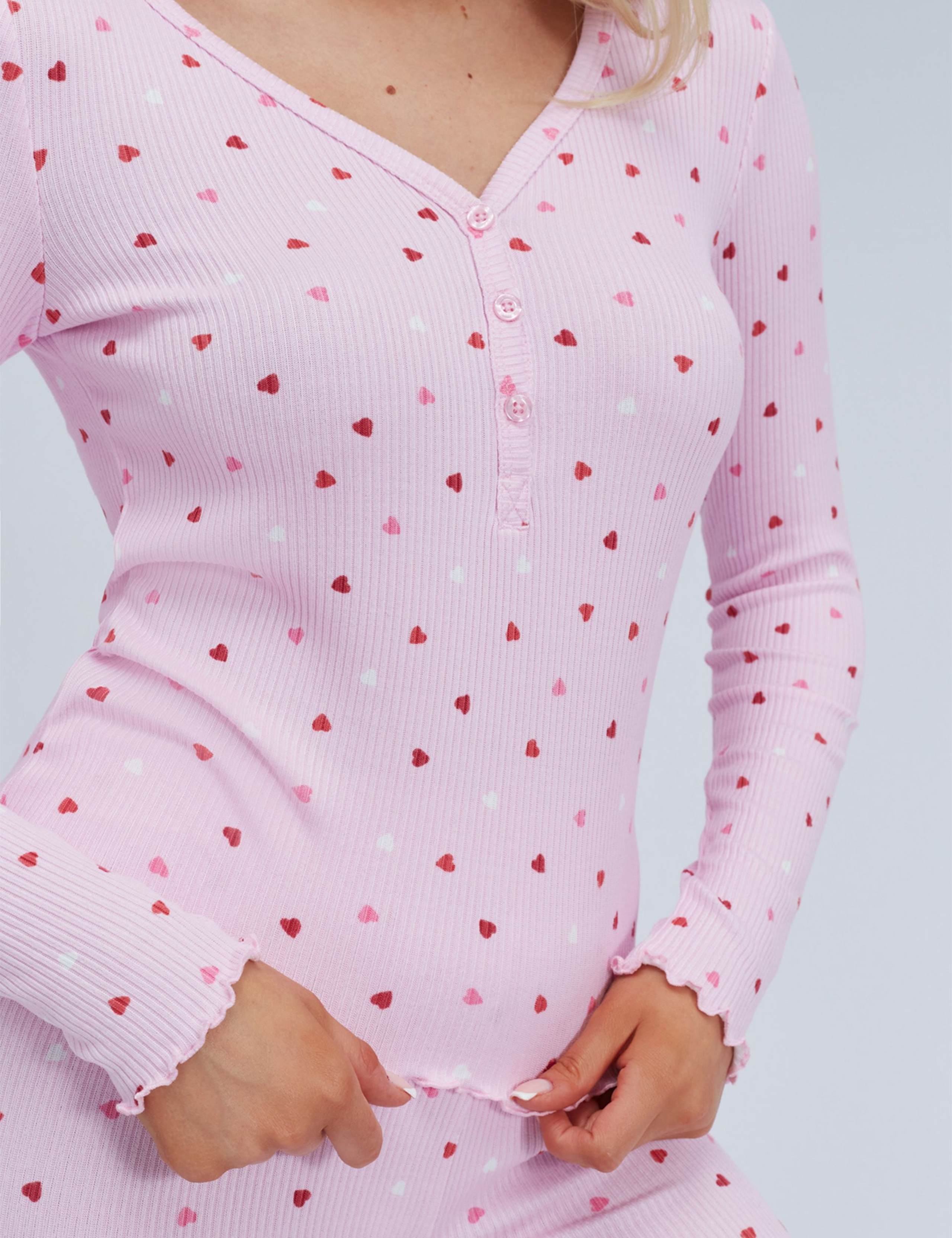 Valentines Ribbed Heart Print Henley Pyjama Set 7 of 9