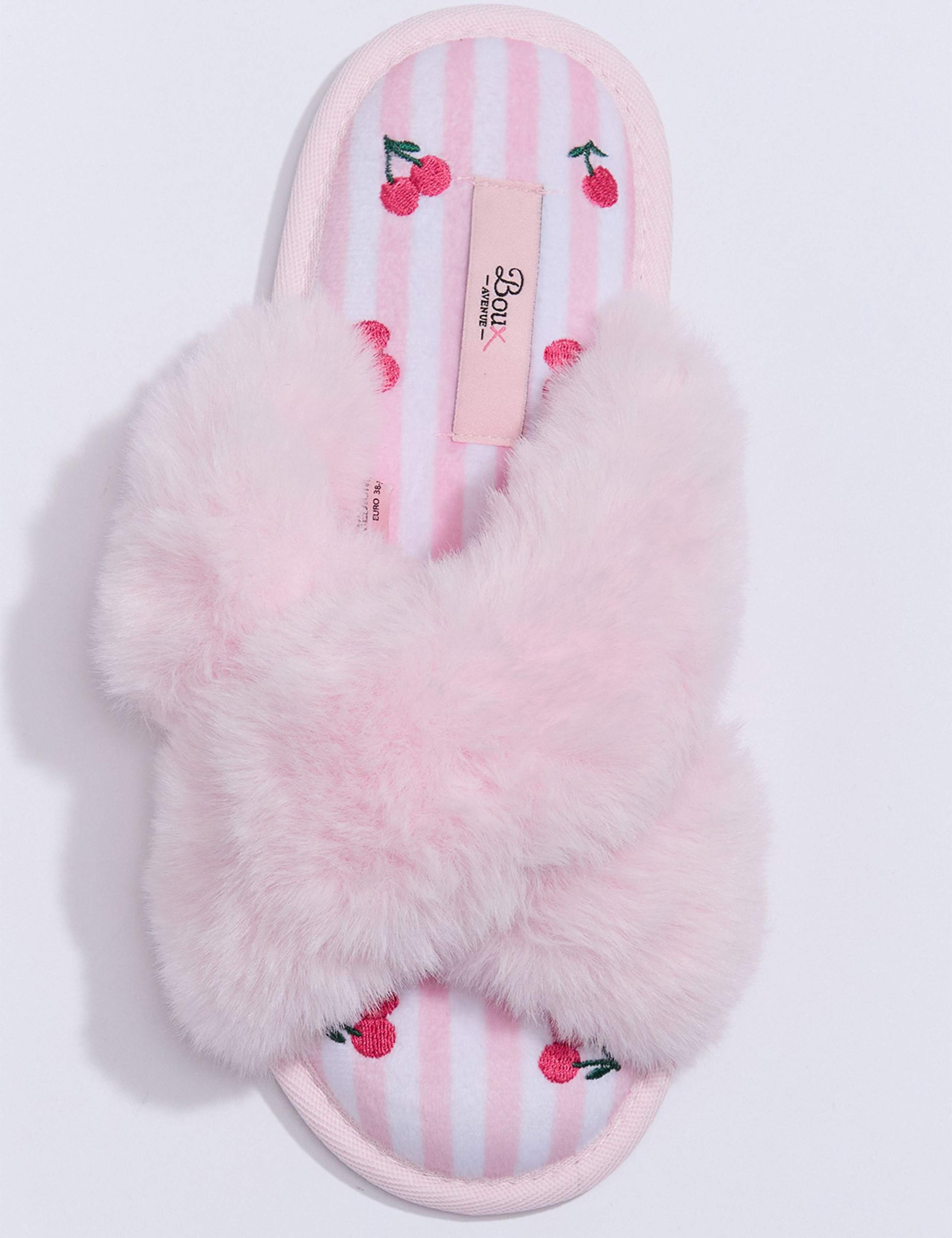 Faux Fur Cherry Stripe Slippers 2 of 3