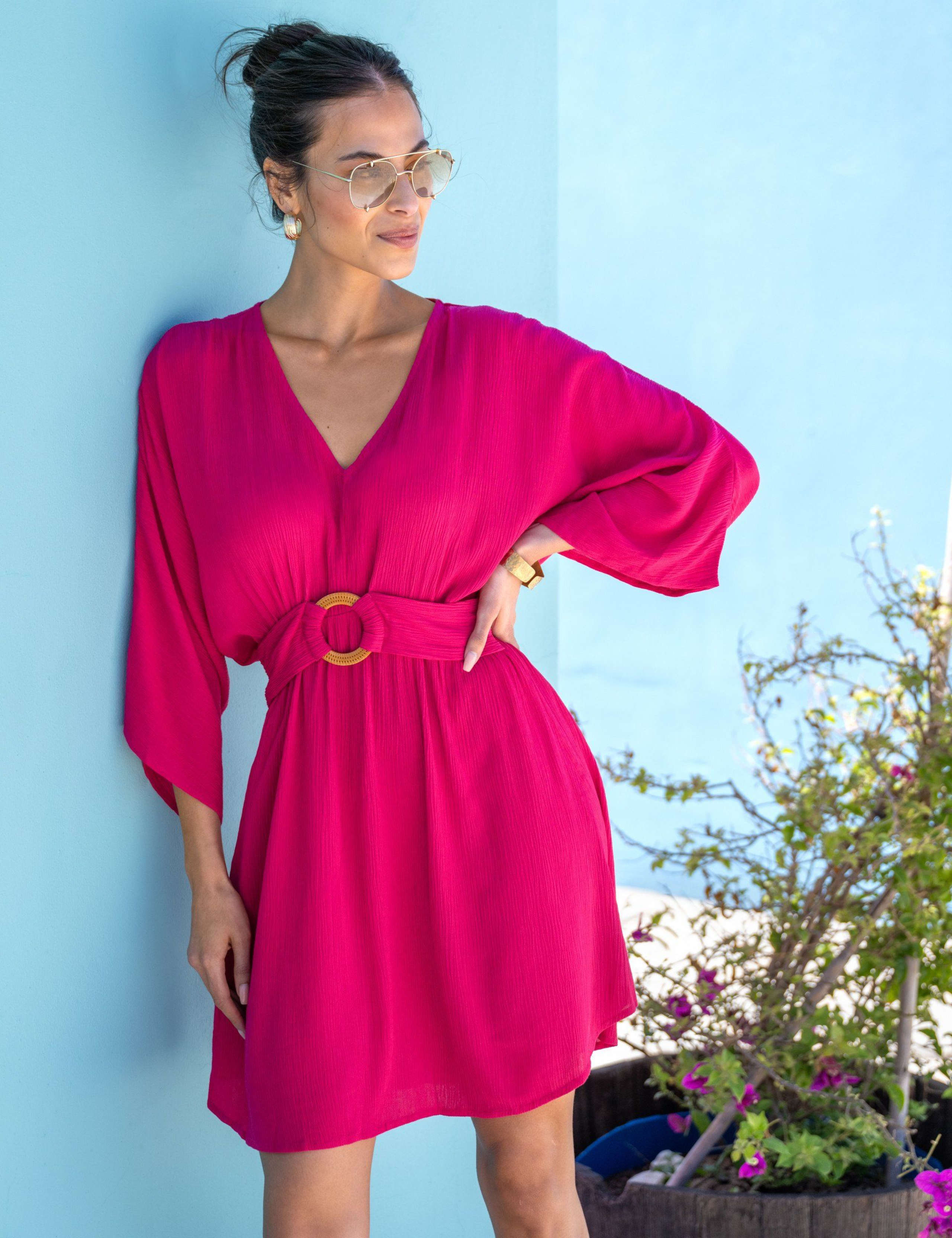 Textured V-Neck Mini Kaftan Beach Dress 3 of 8