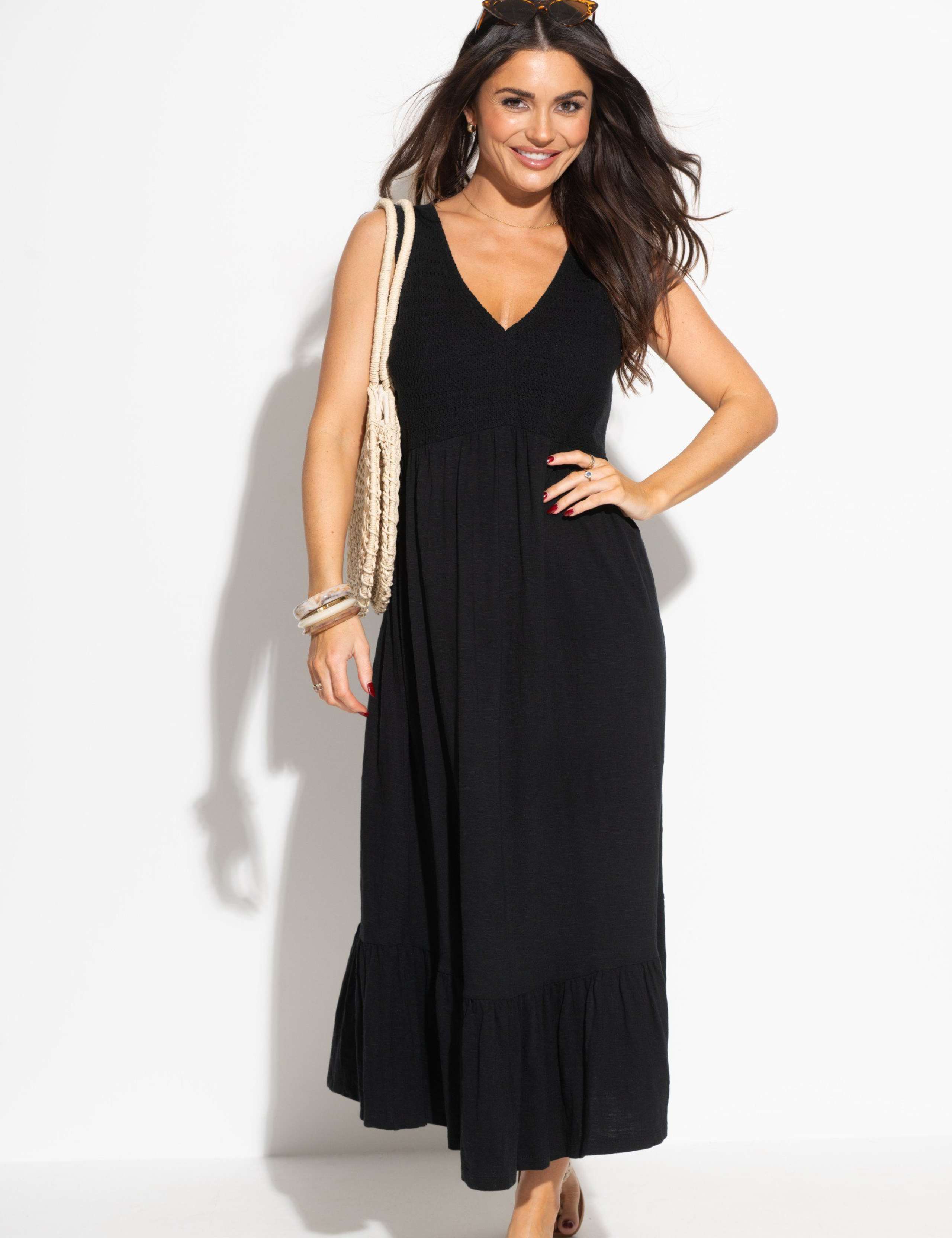 Pure Cotton Textured V-Neck Midi Tiered Dress 1 of 8