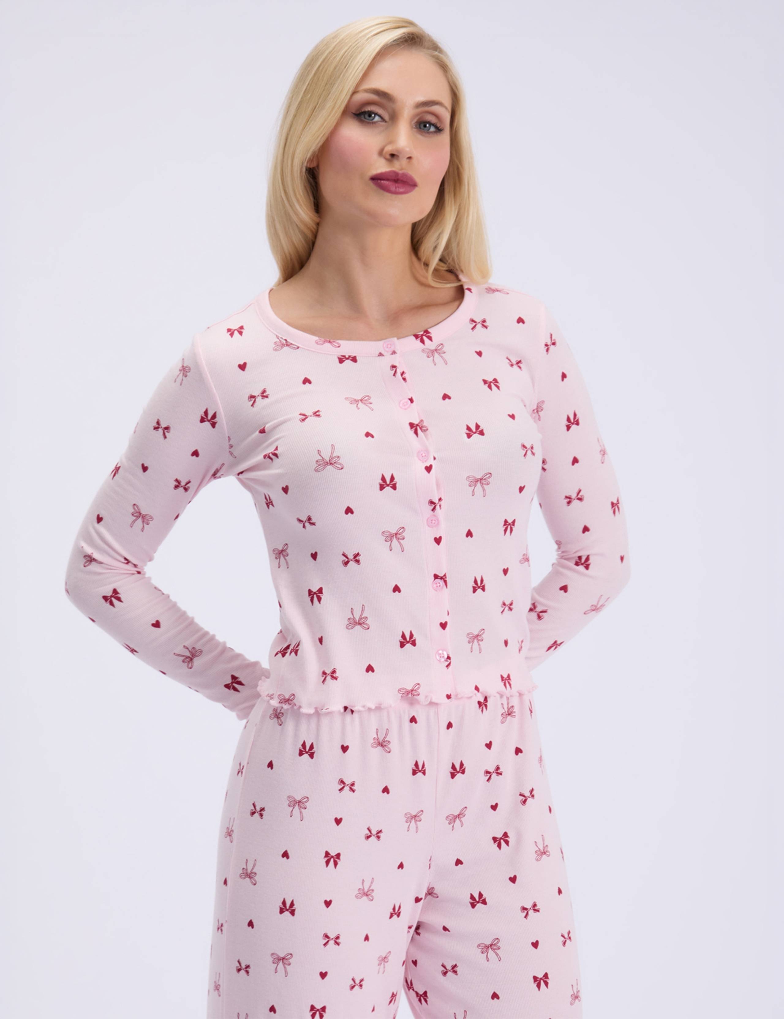 Ribbed Bow Print Wide Leg Pyjama Set 2 of 6