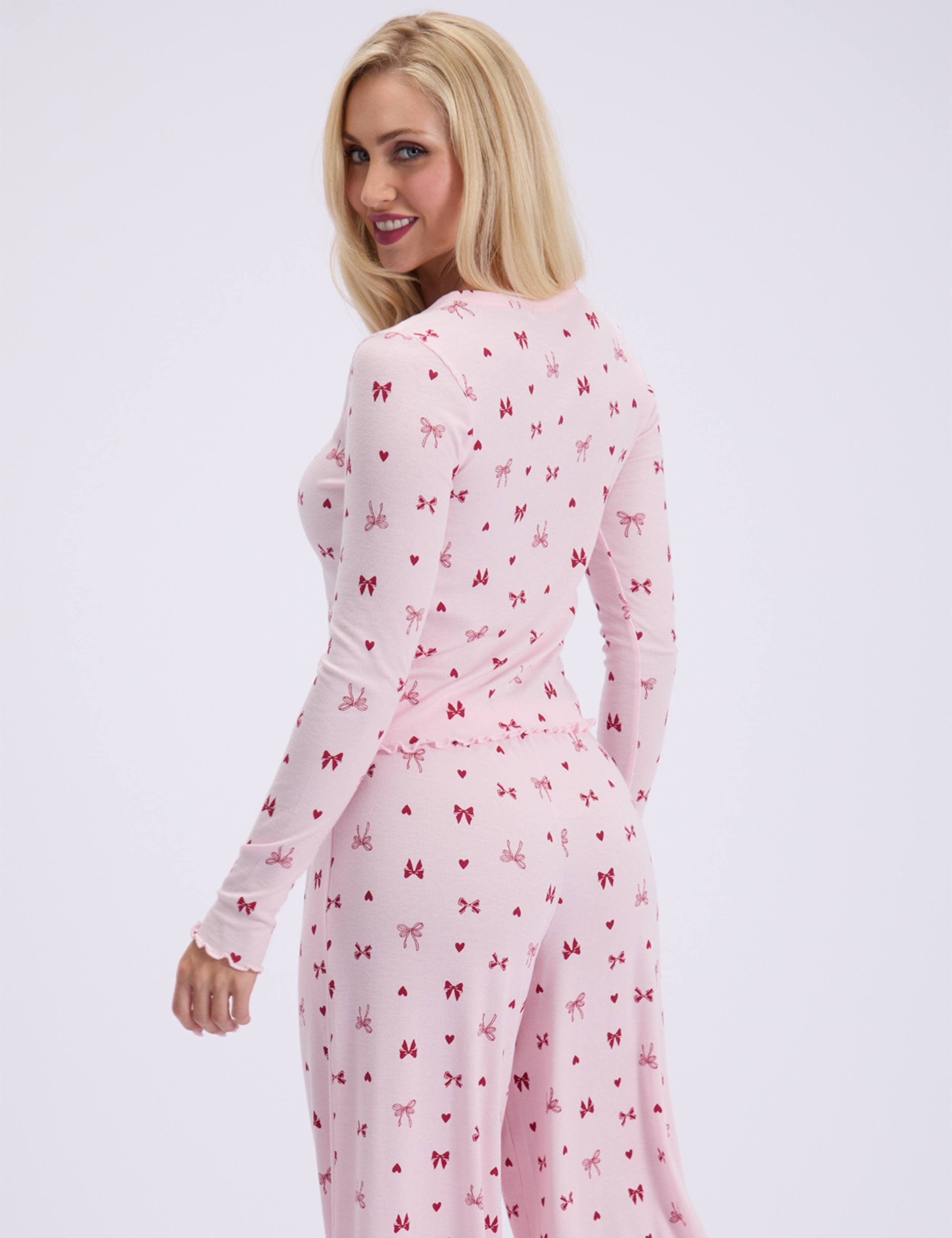Ribbed Bow Print Wide Leg Pyjama Set 3 of 6