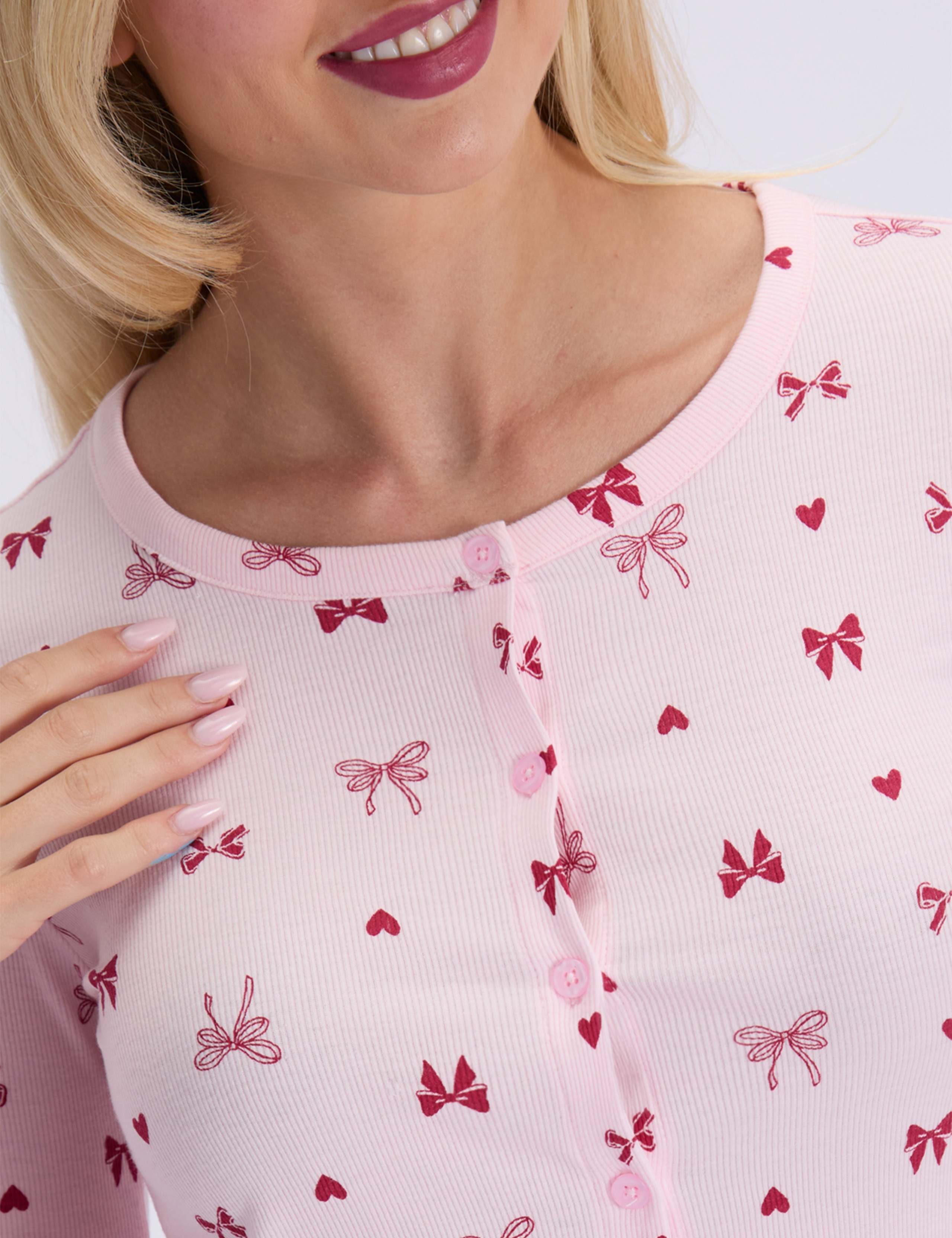 Ribbed Bow Print Wide Leg Pyjama Set 5 of 6