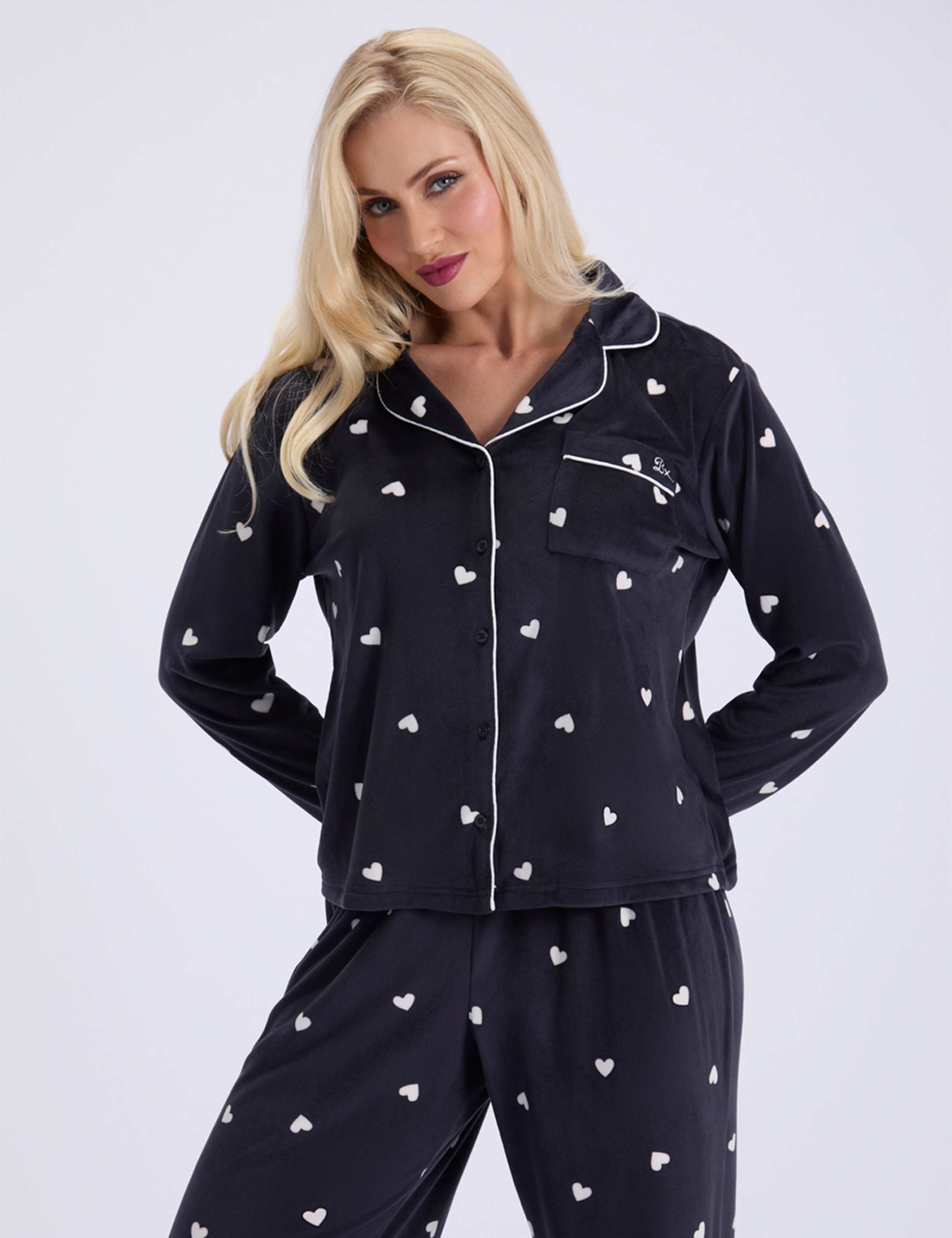 Velour Heart Print Revere Pyjama Set 3 of 7