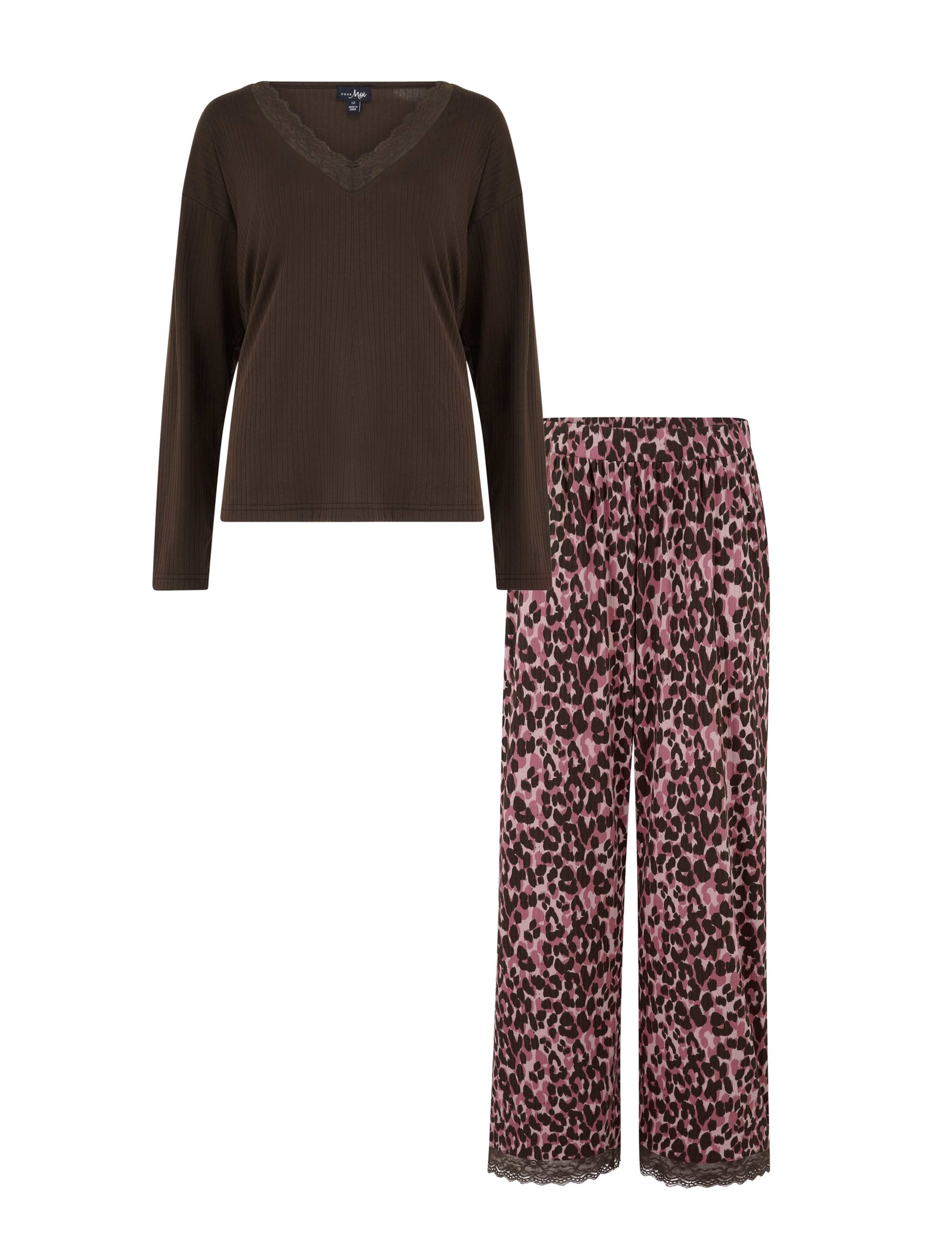 Ribbed Brushed Leopard Trim Pyjama Set 2 of 5