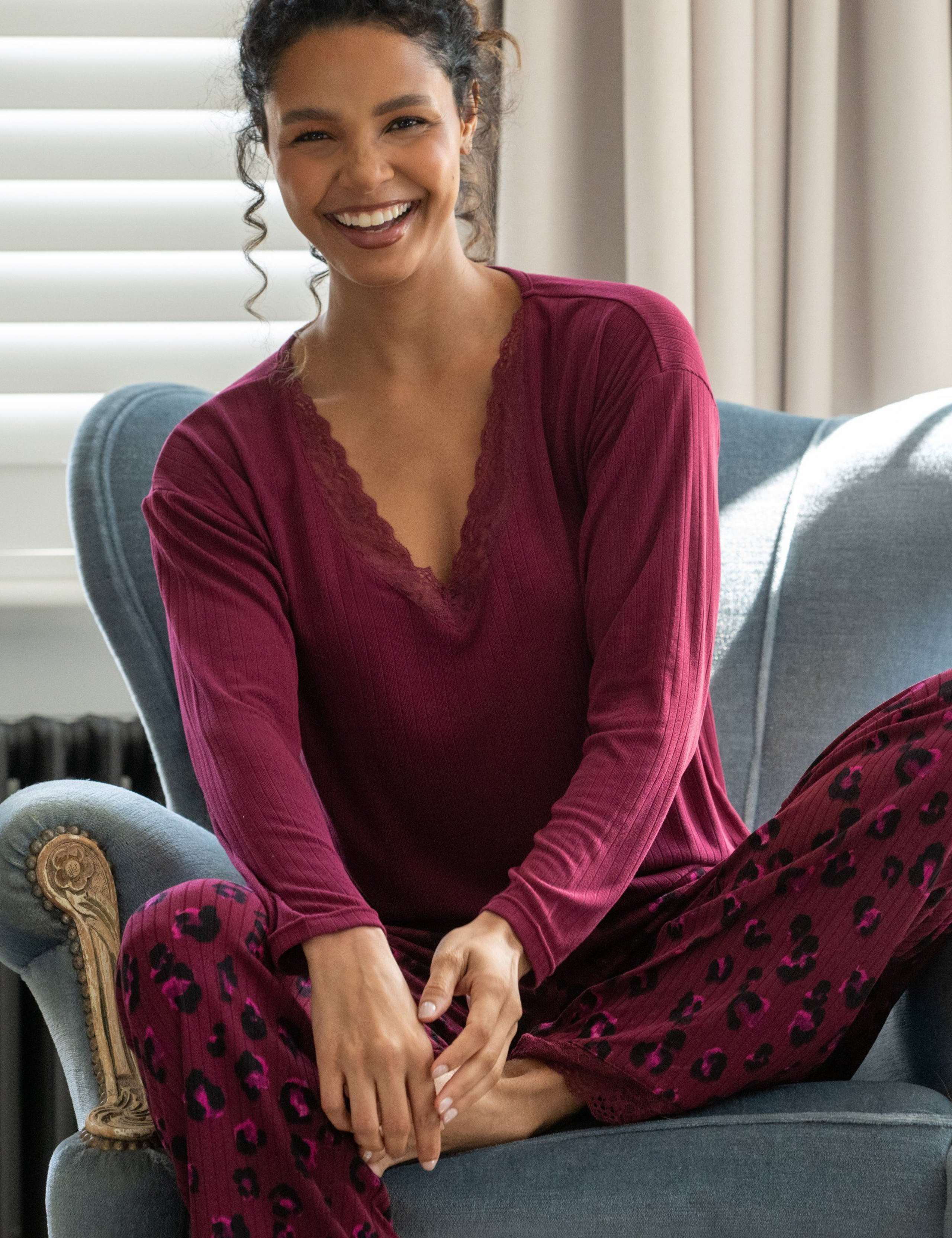 Ribbed Brushed Lace Trim Pyjama Set 4 of 10