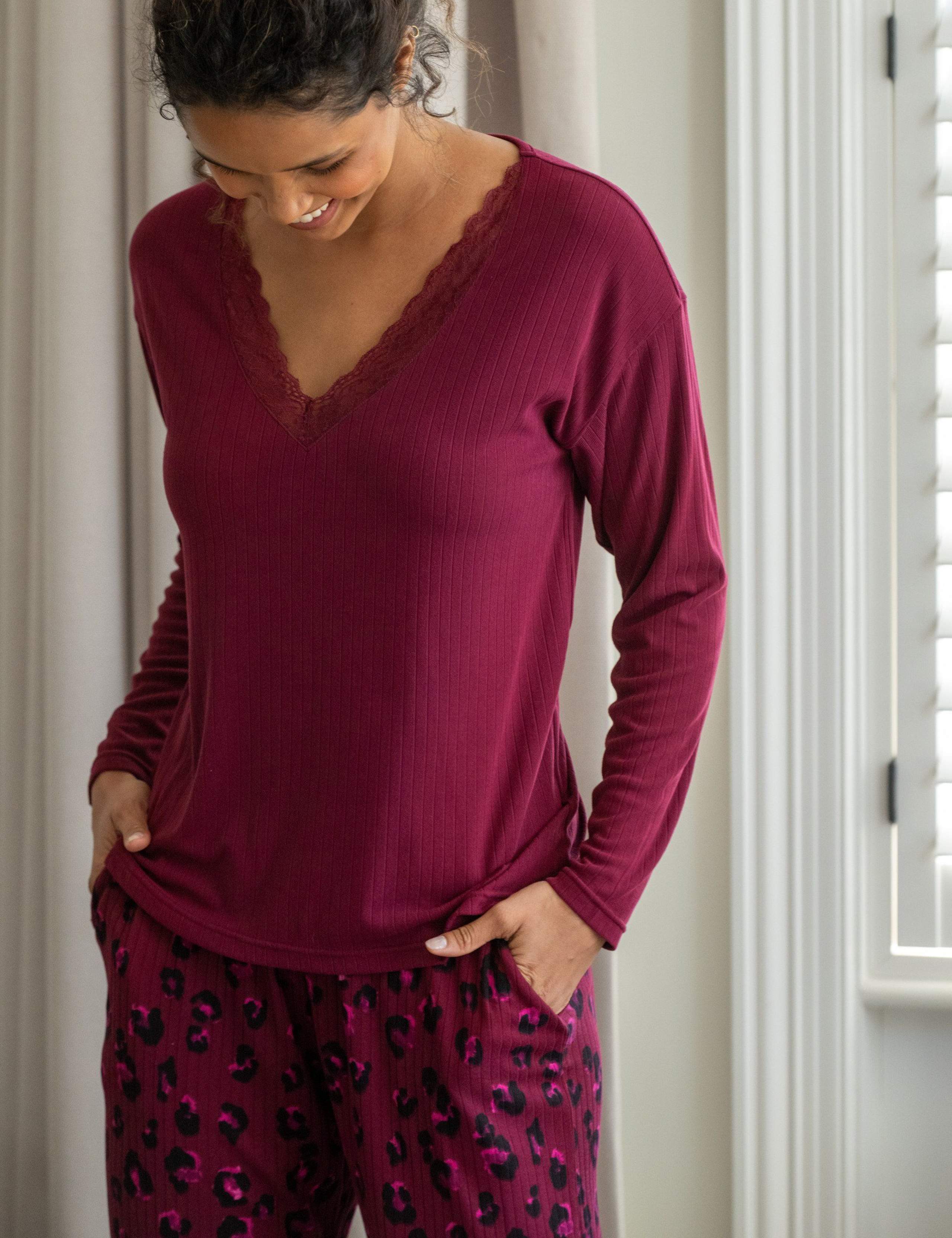 Ribbed Brushed Leopard Trim Pyjama Set 5 of 10