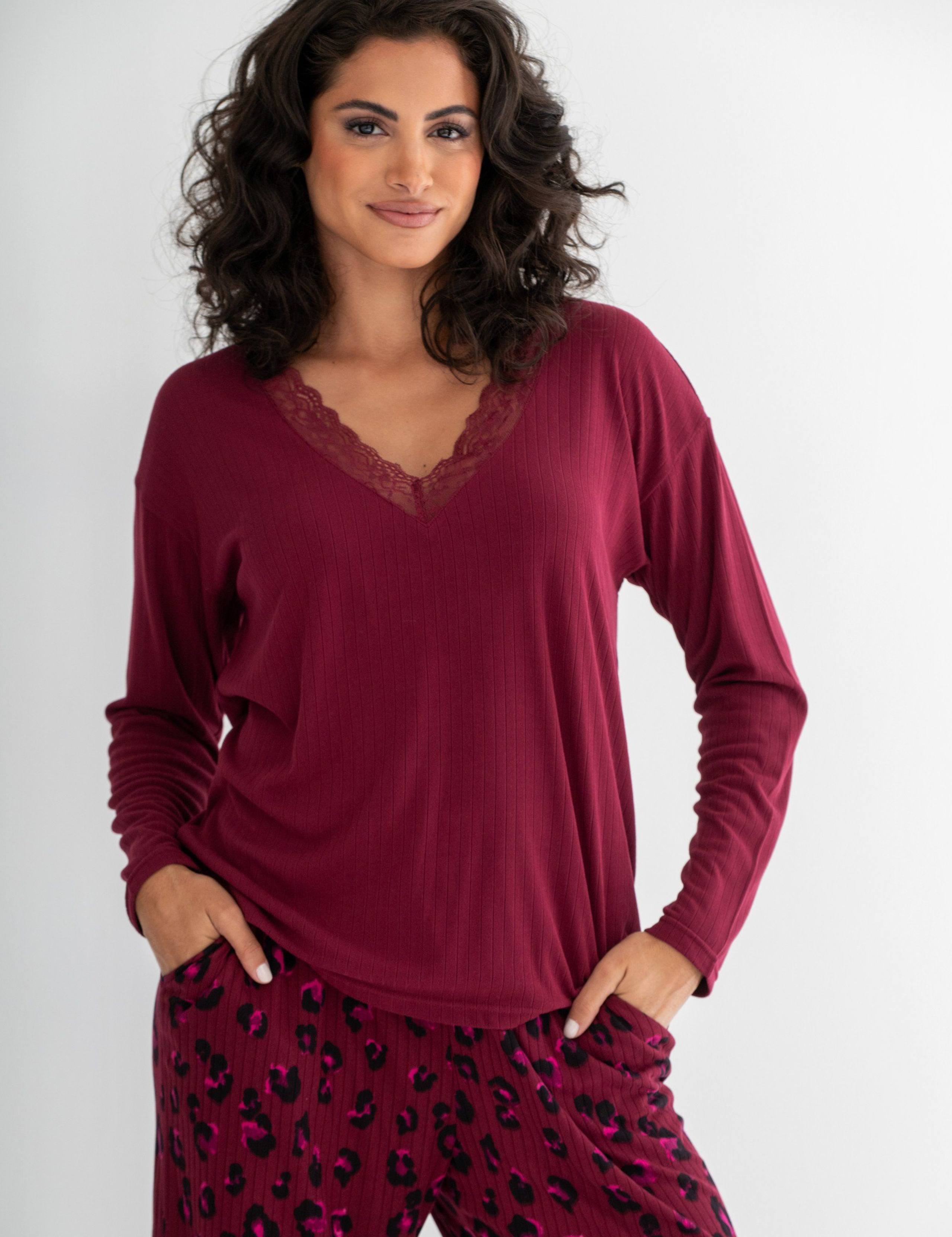 Ribbed Brushed Leopard Trim Pyjama Set 7 of 10