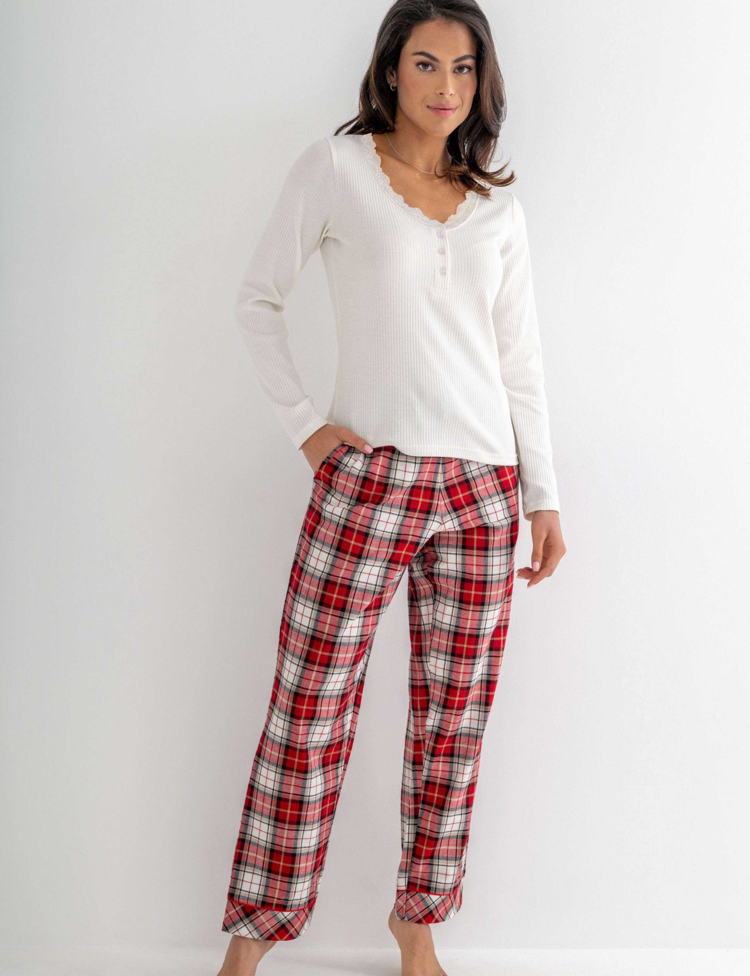 Ribbed Lace Trim Checked Pyjama Set 6 of 9
